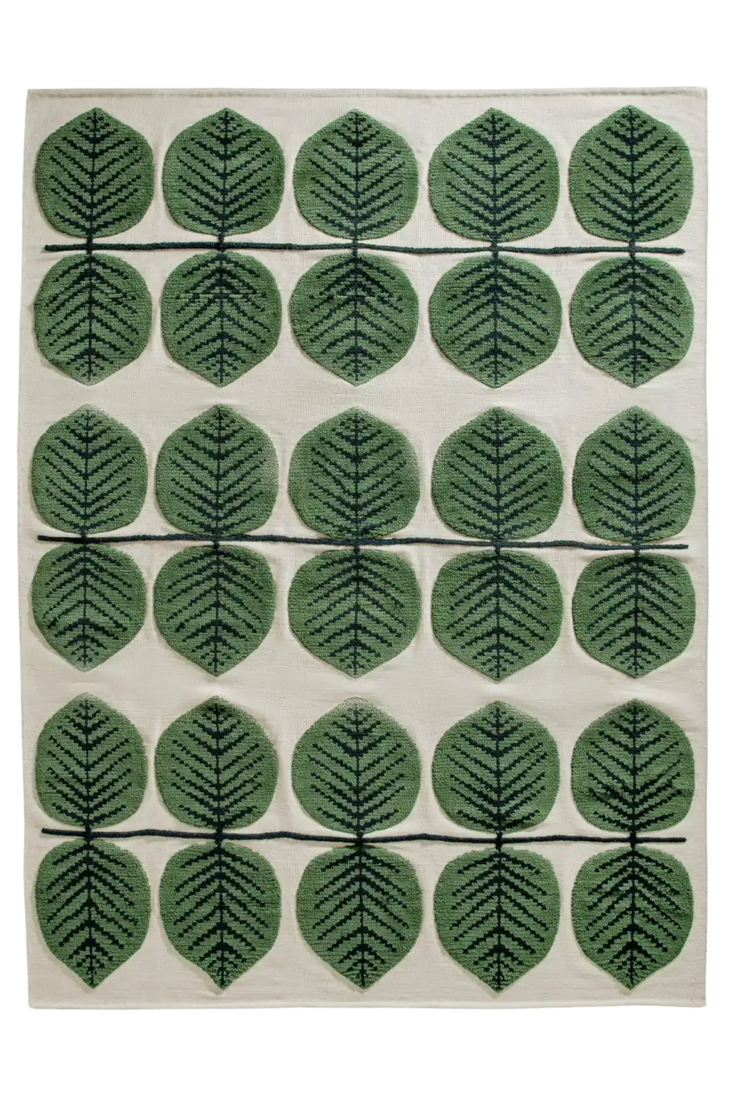 Layered Bersa Wool Rug, a Scandinavian-inspired hand-tufted wool area rug featuring a cream background with a repeating pattern of plush, raised forest green leaves and dark grey stems. This organic modern design adds a touch of nature to contemporary living rooms or cozy bedrooms.