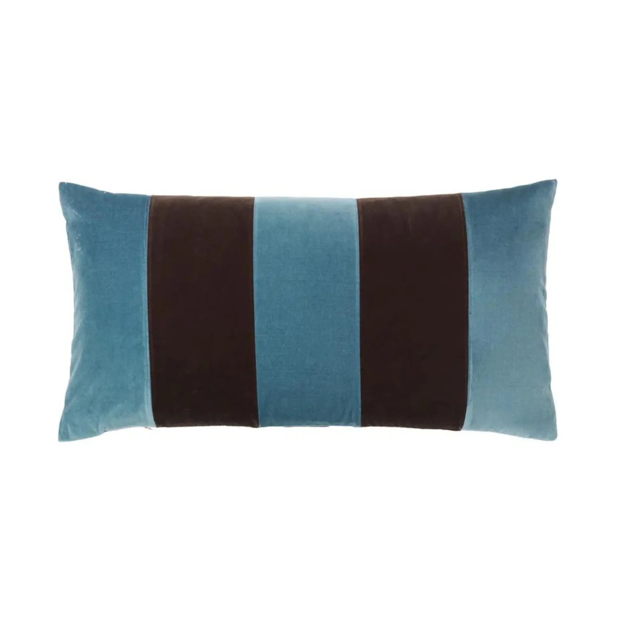  Close up of striped cushion in navy and cream colors 