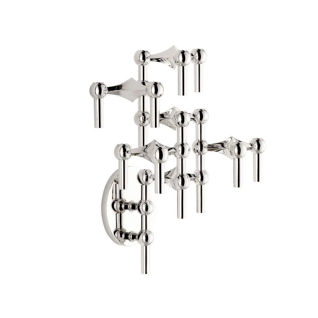 Stoff Nagel Wall Hanger Candle Holder - Chrome - Configuration 2, a striking mid-century modern wall-mounted candle holder crafted from polished chrome with a brilliant silver finish. This modular, sculptural design features geometric spherical joints and multiple cylindrical candle holders, creating an iconic brutalist-inspired statement piece. Perfect for contemporary living rooms, dining spaces, or as unique wall decor in a minimalist home.