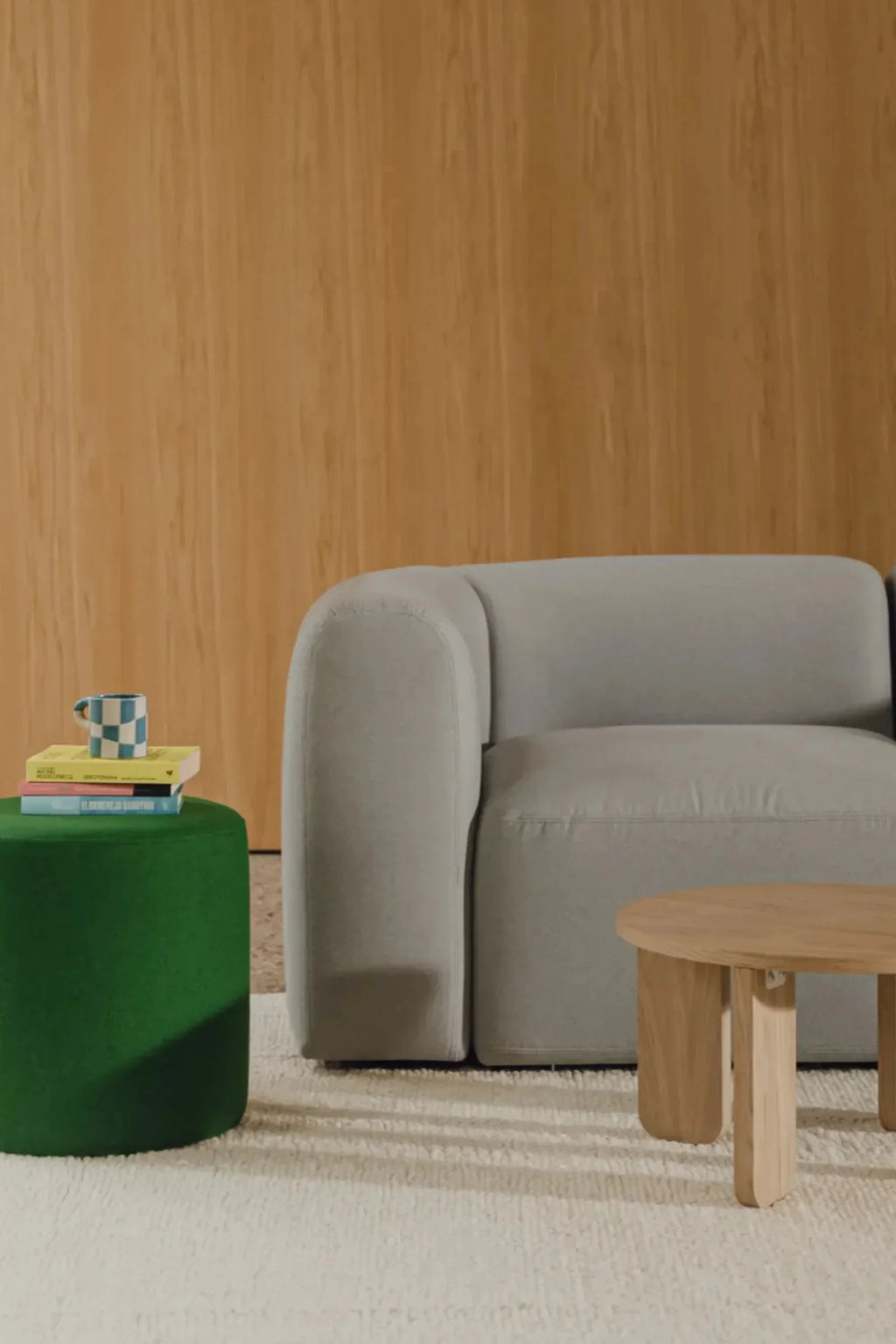 noo.ma Flom 2-Seater Sofa, a contemporary light greige fabric sofa featuring a plush, rounded silhouette and soft, inviting upholstery with a subtle texture, designed with organic modern curves.