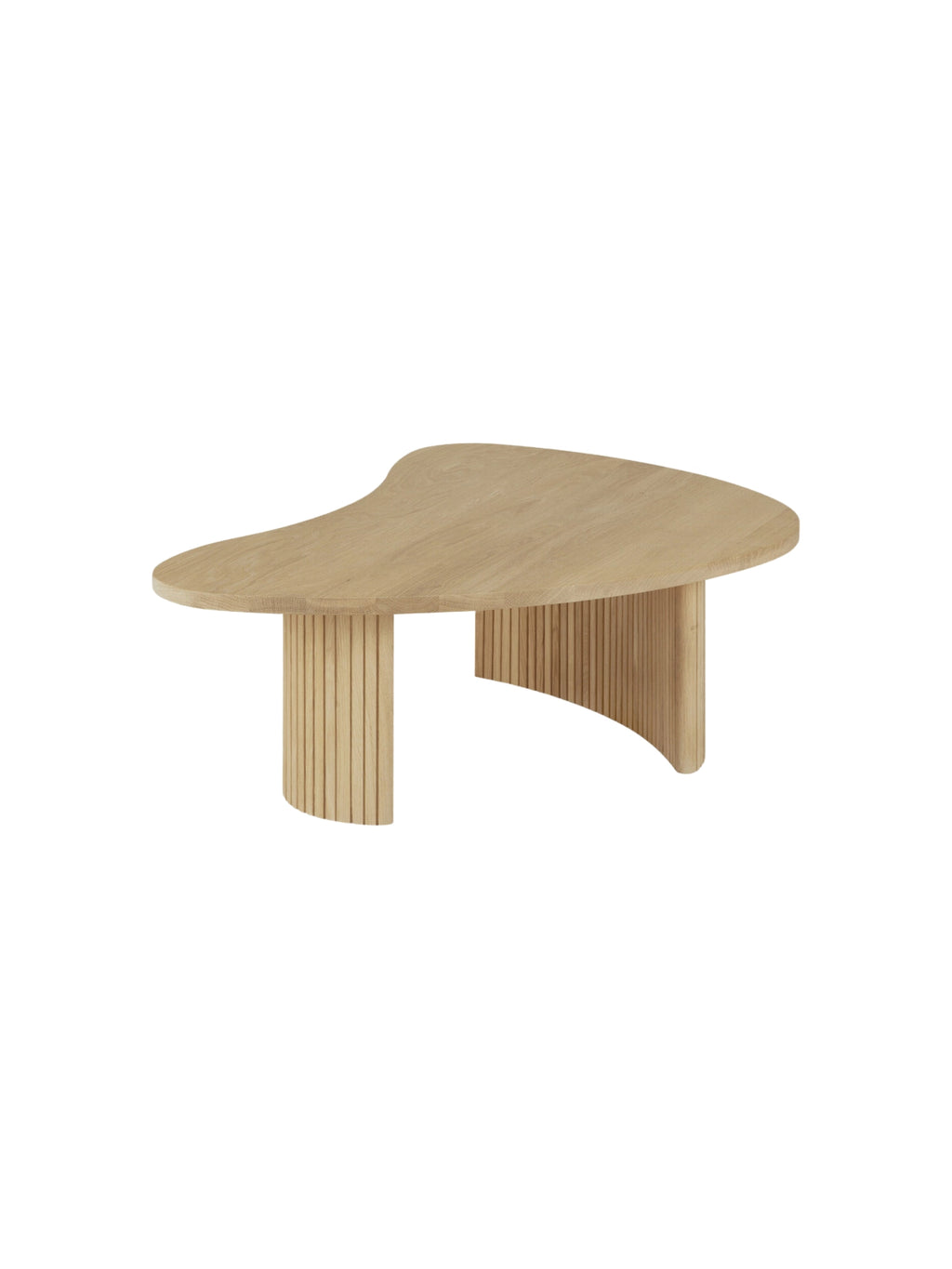 Ethnicraft Boomerang Coffee Table in Oak, 126 cm, featuring a light, natural wood finish and a unique organic, curved tabletop. The sturdy fluted solid oak legs provide a modern, elegant design, displayed on a white background.