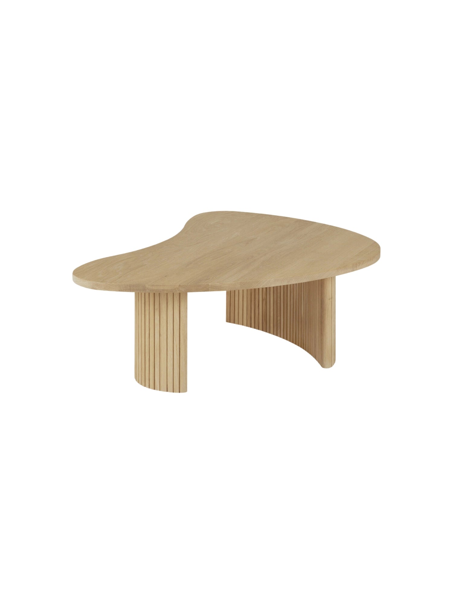 Ethnicraft Boomerang Coffee Table in Oak, 126 cm, featuring a light, natural wood finish and a unique organic, curved tabletop. The sturdy fluted solid oak legs provide a modern, elegant design, displayed on a white background.