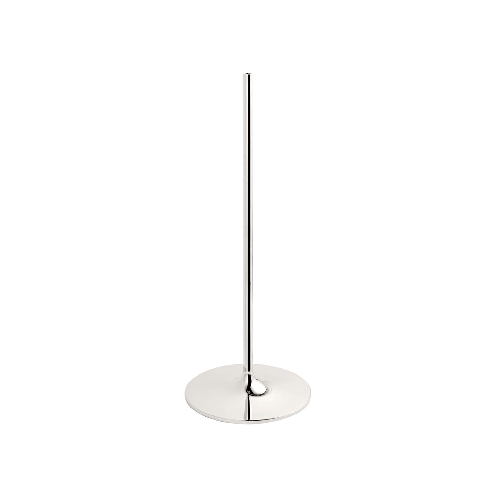 Stoff Nagel Candle Holder Floor Stand, a tall, sleek modern minimalist floor stand crafted from highly polished chrome metal. It features a slender silver cylindrical rod rising from a flat, round reflective base, designed to elevate your Stoff Nagel candle holders. This contemporary metal floor candle stand is ideal for creating a striking design statement in a modern living room, entryway, or any minimalist interior.