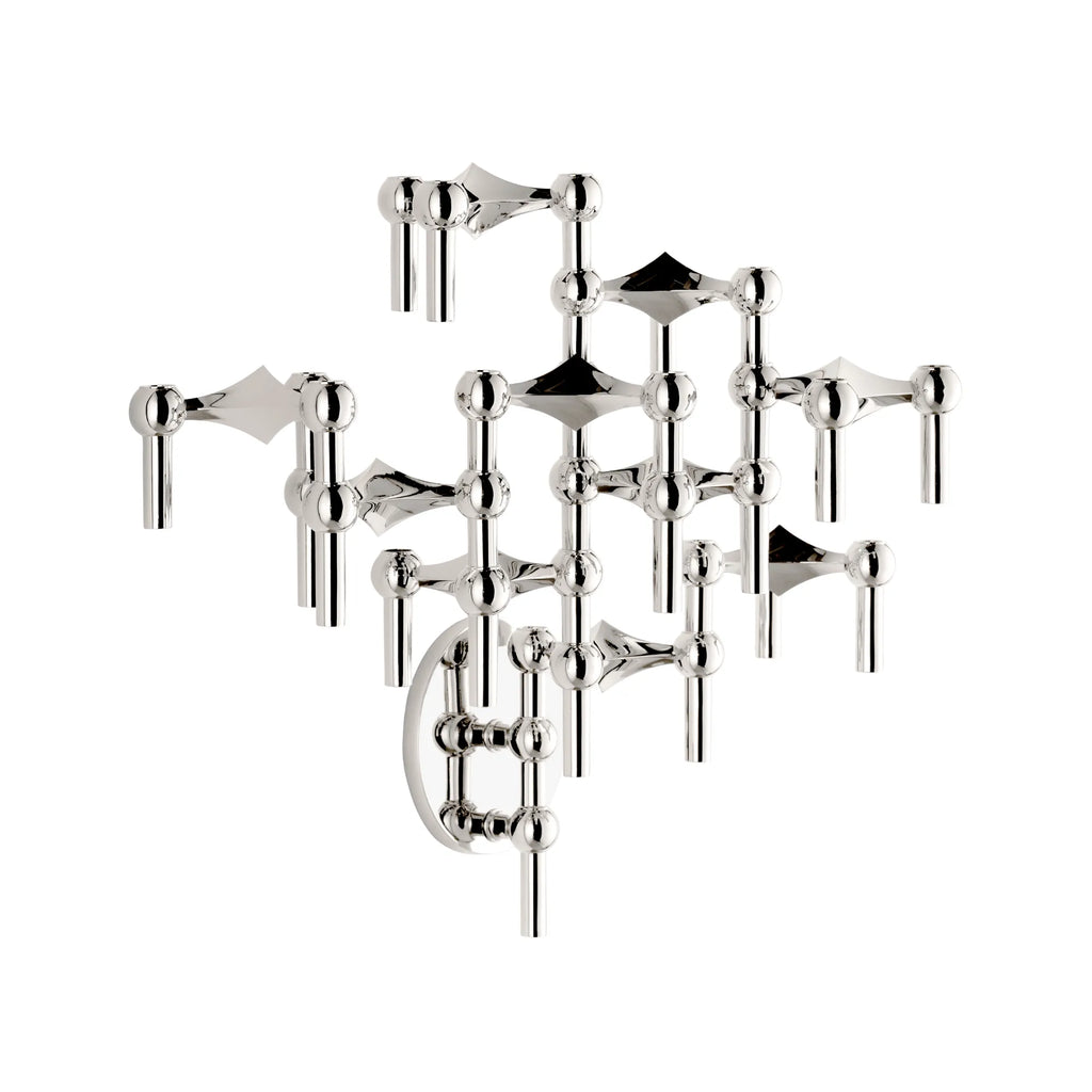 Stoff Nagel Wall Hanger Candle Holder - Chrome - Configuration 3, a striking mid-century modern sculptural wall art piece crafted from highly polished chrome-plated metal.