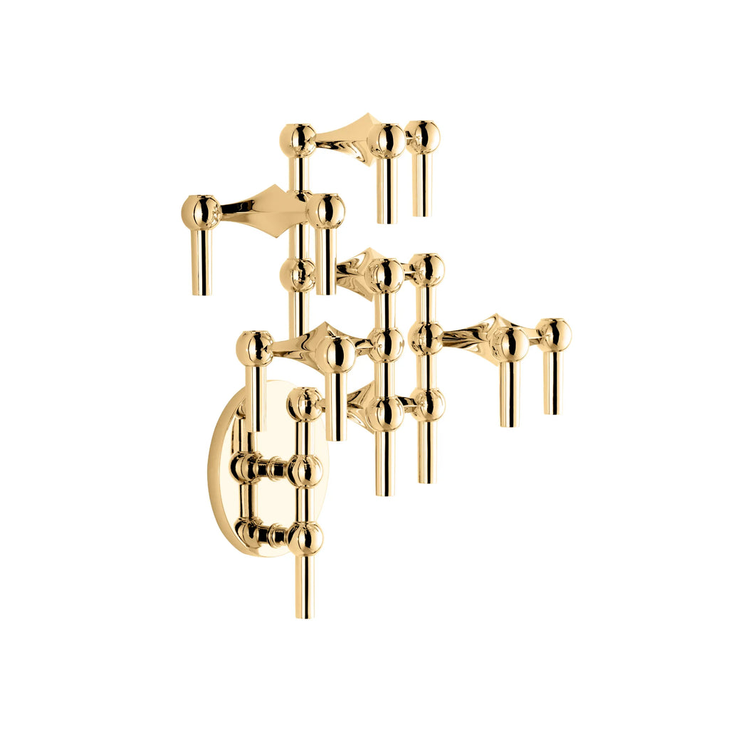 Stoff Nagel Wall Hanger Candle Holder - Solid Brass - Configuration 2, a striking mid-century modern modular candle holder crafted from polished solid brass, featuring an intricate geometric design of interlocking spheres and rods that branch out from an oval wall mount. This sculptural gold wall decor piece offers a contemporary Nordic design aesthetic, perfect for creating a dramatic focal point in a living room, dining room, or entryway.