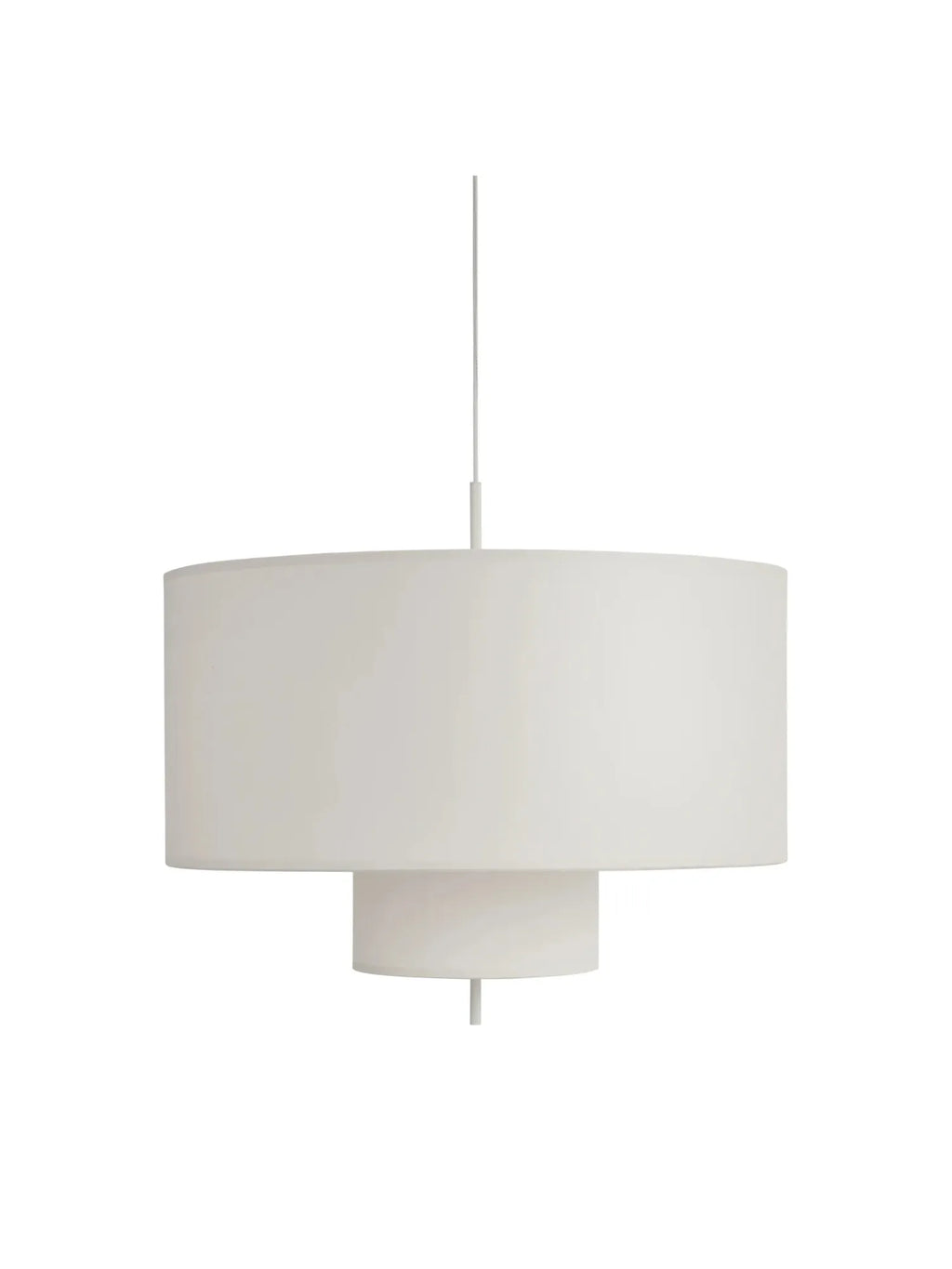 New Works Margin Pendant Lamp, featuring a tiered design with two round, overlapping white textile shades and a white suspension wire. This modern fixture offers premium soft, diffused lighting. Perfect for contemporary interiors.