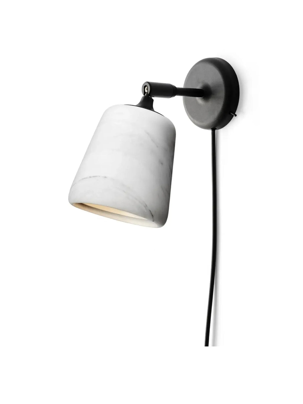 New Works Material Wall Lamp: a modern, cone-shaped white marble shade with natural gray veining, mounted on a sleek matte black metal fixture, displayed on a white background with an exposed cord. Perfect for contemporary interiors.