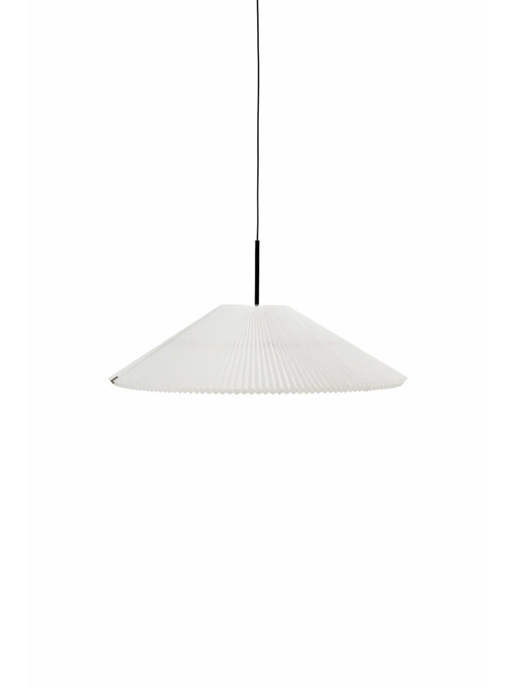 New Works Nebra Pendant Lamp, a modern minimalist white pleated pendant light featuring a wide, flat conical shade with a distinctive wavy bottom edge.
