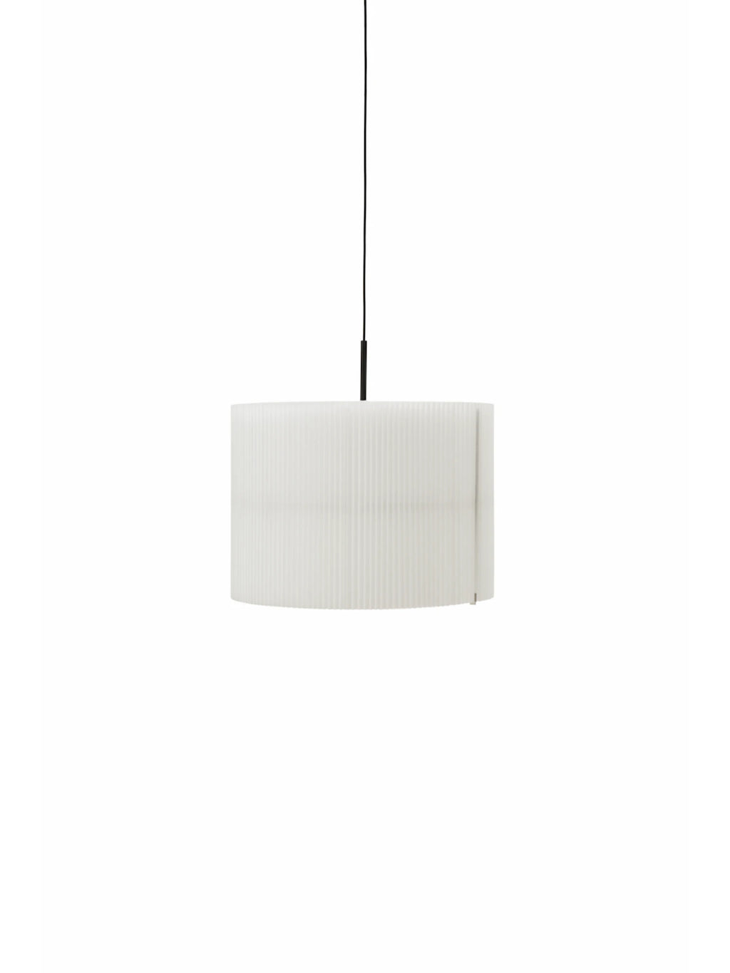 New Works Nebra Pendant Lamp, a modern minimalist cylindrical pendant light featuring a translucent white pleated shade with a ribbed texture, designed for soft, diffused illumination. This contemporary hanging lamp, with its clean Scandinavian lines and organic modern aesthetic, is ideal for a dining room pendant, living room lighting, or a stylish bedroom accent.