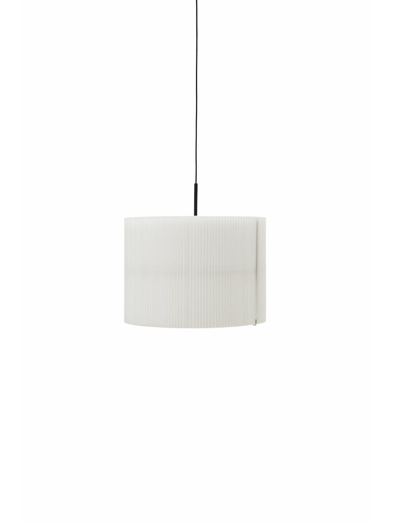 New Works Nebra Pendant Lamp, a modern minimalist cylindrical pendant light featuring a translucent white pleated shade with a ribbed texture, designed for soft, diffused illumination. This contemporary hanging lamp, with its clean Scandinavian lines and organic modern aesthetic, is ideal for a dining room pendant, living room lighting, or a stylish bedroom accent.