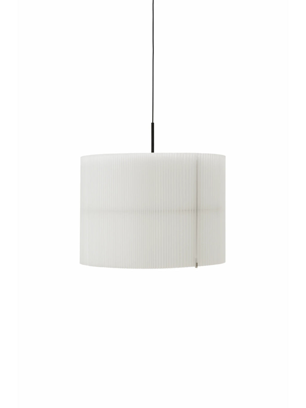 New Works Nebra Pendant Lamp, a modern minimalist ceiling light featuring a white pleated cylindrical shade with a subtle ribbed texture, suspended by a sleek black cord. This contemporary hanging lamp provides soft, diffused illumination, perfect for Scandinavian living rooms, Japandi dining areas, or minimalist bedrooms.