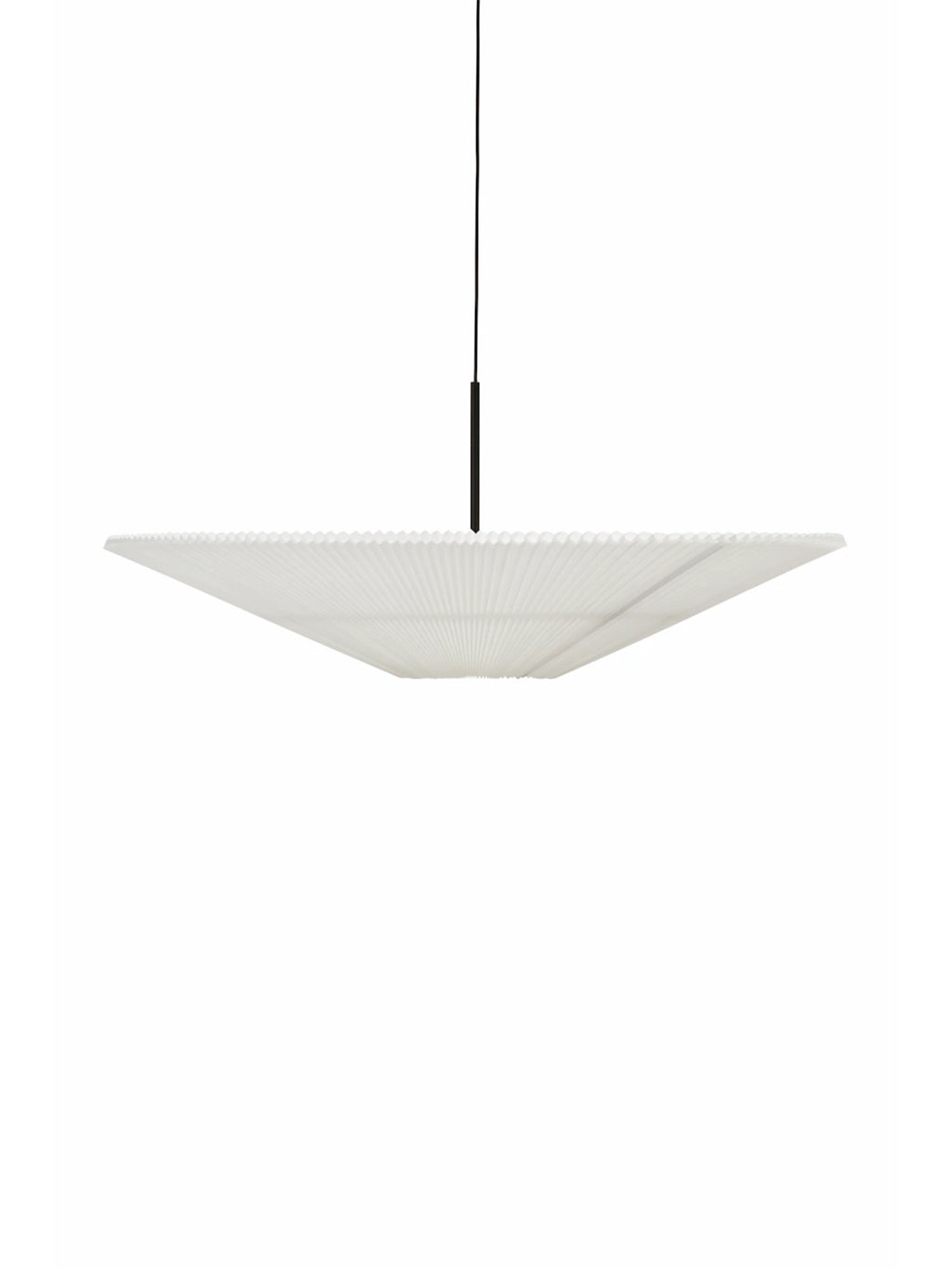 New Works Nebra Pendant Lamp, a modern minimalist ceiling light featuring a wide, shallow white pleated shade with a delicate ribbed texture, suspended from a sleek black cord. This elegant, disc-shaped hanging lamp brings a contemporary Scandinavian aesthetic to any space, perfect for dining rooms or living rooms.