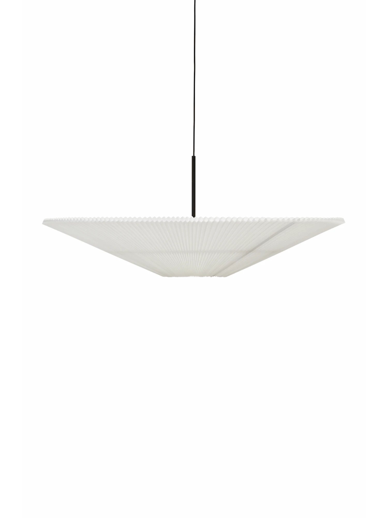 New Works Nebra Pendant Lamp, a modern minimalist ceiling light featuring a wide, shallow white pleated shade with a delicate ribbed texture, suspended from a sleek black cord. This elegant, disc-shaped hanging lamp brings a contemporary Scandinavian aesthetic to any space, perfect for dining rooms or living rooms.