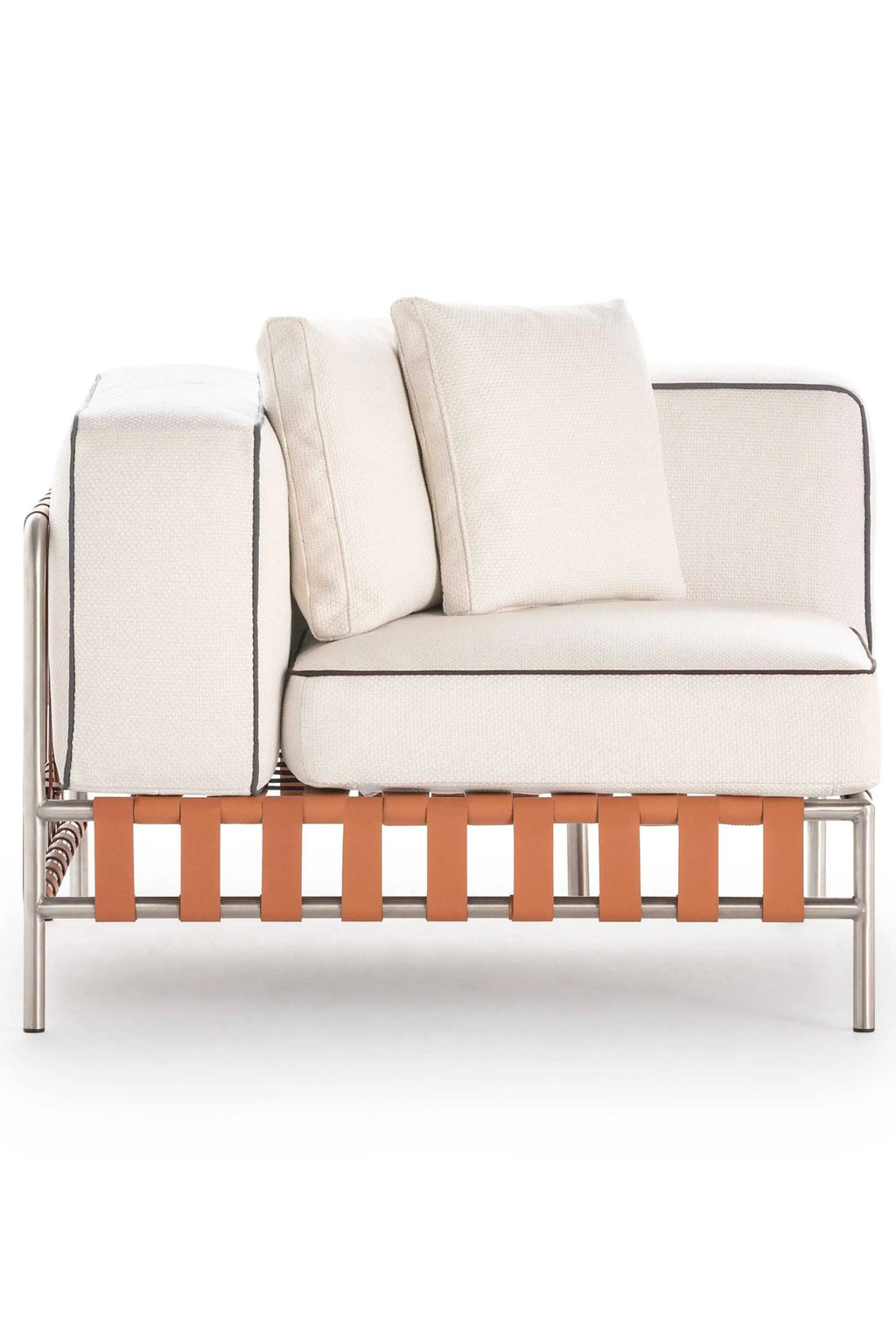 Gandia Blasco Onsen Sectional 6, a modern outdoor sectional sofa unit featuring a sleek brushed stainless steel frame, natural tan leather strap detailing, and plush cream-colored textured fabric cushions with dark contrast piping. This contemporary luxury piece is perfect for creating stylish outdoor living rooms, patios, or garden lounges.