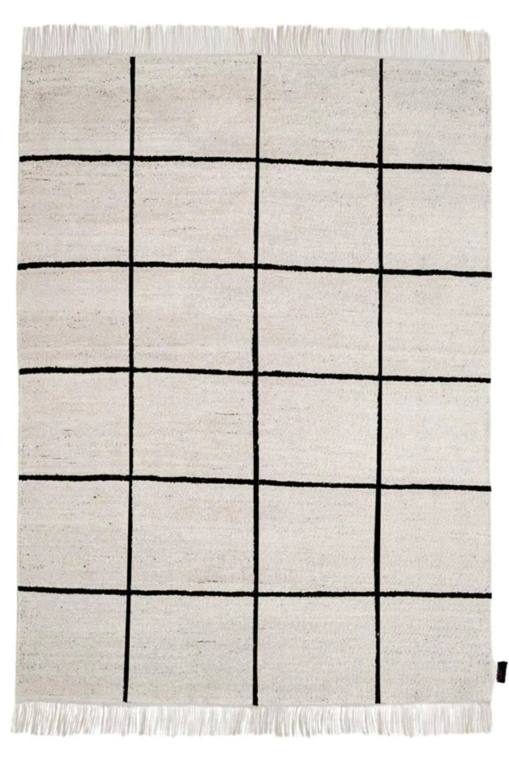 Sera Helsinki Kuura Rug, a hand-woven wool area rug featuring a minimalist black grid pattern on a natural off-white background. This contemporary flatweave rug has a subtly textured finish and delicate fringes, embodying a modern Scandinavian aesthetic. Ideal as a graphic statement piece for minimalist living rooms, modern bedrooms, or chic home office spaces.