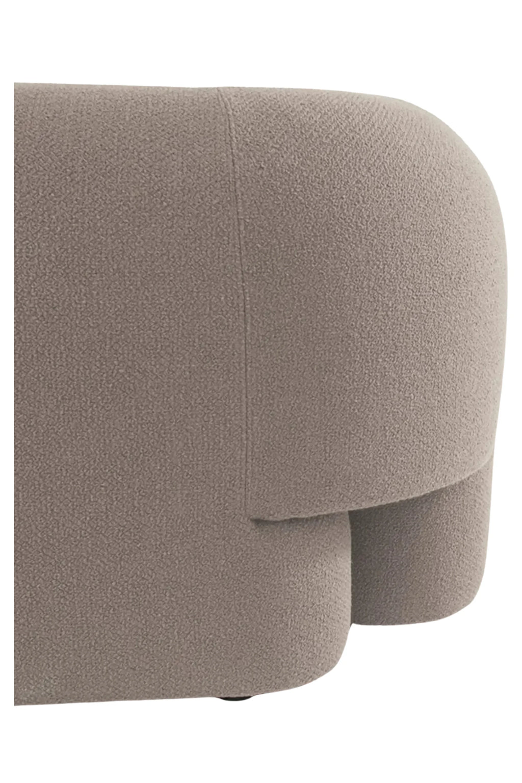 Hessentia Gio Curved Sofa, an organic modern sofa featuring a plush, textured taupe bouclé fabric upholstery with soft, rounded edges and a distinctive sculptural silhouette. This contemporary curved sofa offers a cozy yet sophisticated design, perfect for a minimalist living room or a chic lounge area.