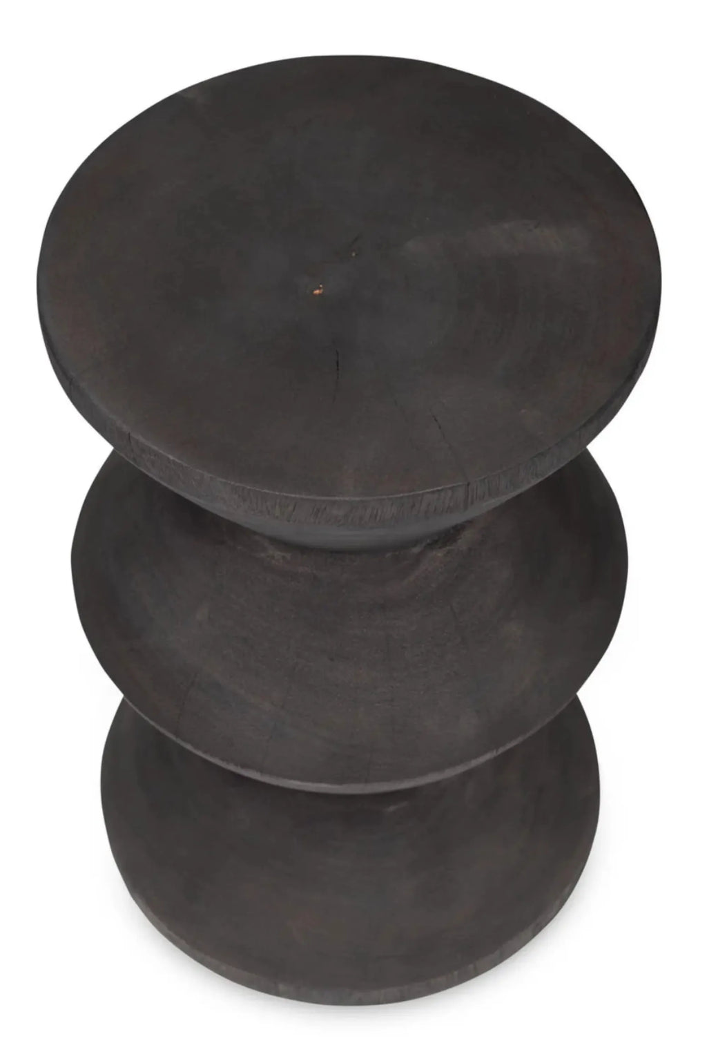 Detjer Stool S.A.S. 003, a sculptural solid wood stool in a deep blackened finish, featuring three stacked, rounded, disc-like forms with visible natural.