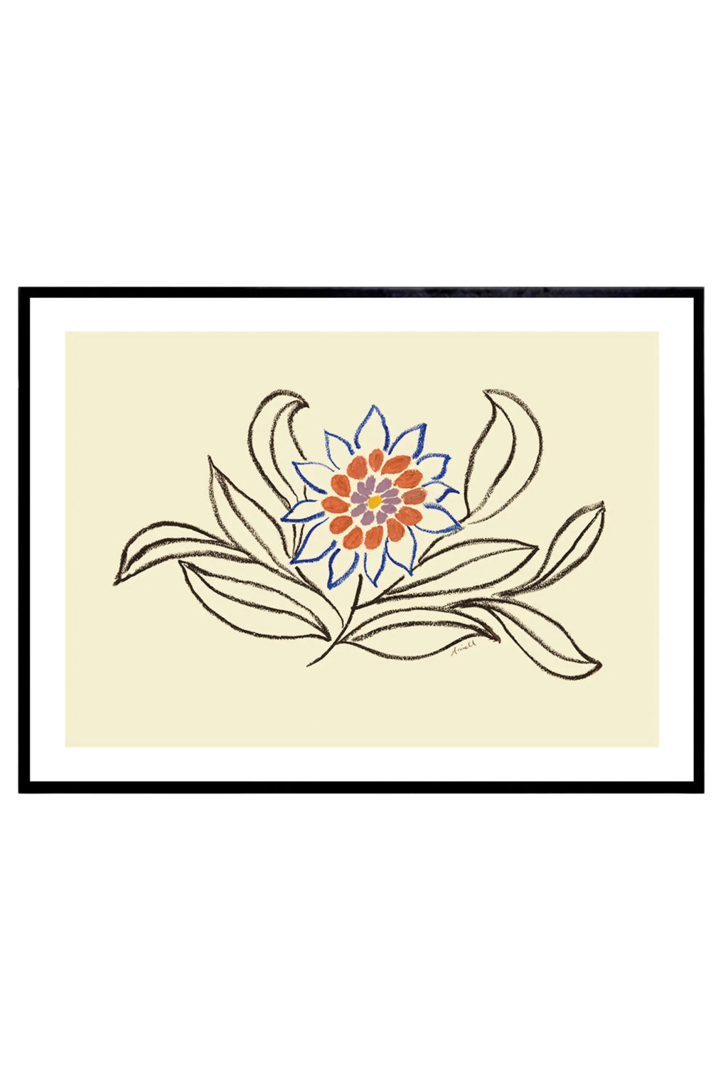 The Poster Club Nectar, a vibrant abstract floral art print featuring a hand-drawn flower with blue, orange, purple, and yellow petals and dark charcoal organic leaves against a warm cream background, rendered.