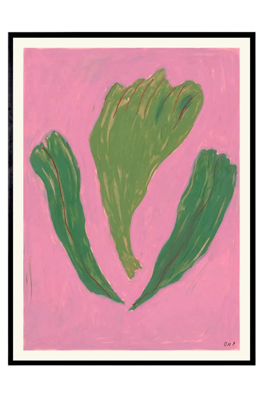 The Poster Club Danser Omkring Brombærkrat, a vibrant abstract art print featuring bold, organic olive green shapes with expressive dark red lines, set against a rich, painterly pink background. This framed modern wall art comes complete with a crisp off-white mat and a sleek black frame.