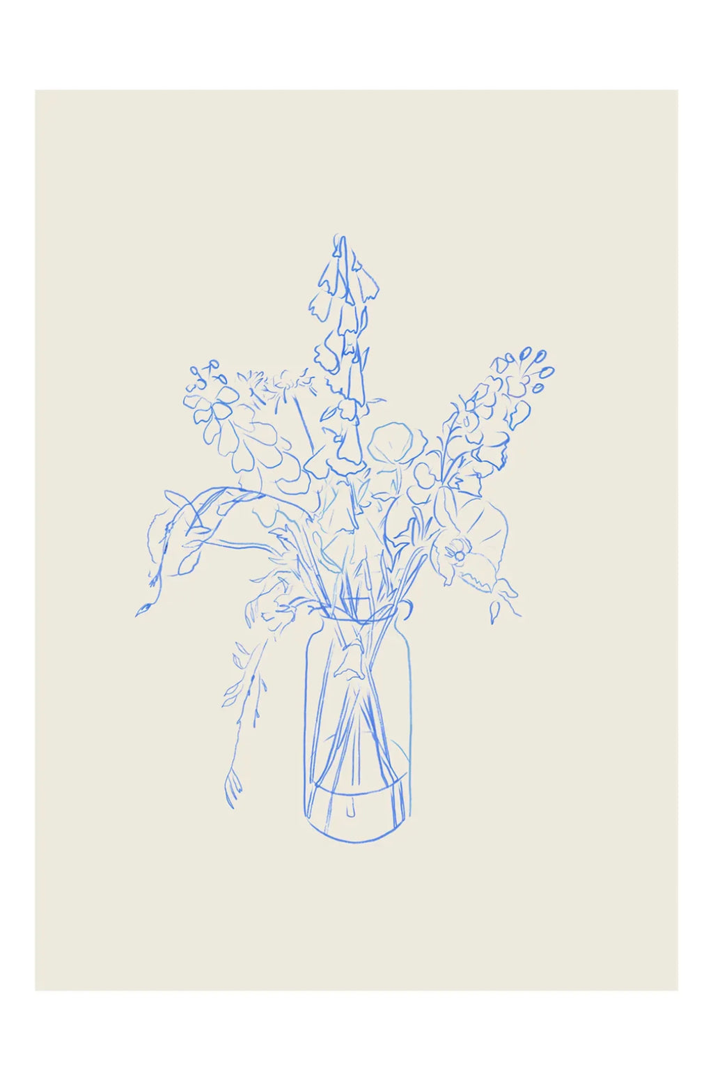 The Poster Club Flower Study, a minimalist abstract floral art print featuring delicate blue line art depicting a bouquet of various flowers in a glass vase against a soft beige background. This contemporary botanical drawing is ideal as elegant wall art for modern minimalist gallery walls, Scandinavian bedrooms, or serene living room decor.