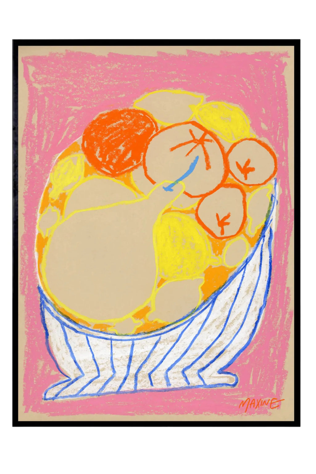 The Poster Club Fruit Bowl on a Pink Table, a vibrant abstract still life art print depicting a colorful fruit bowl with orange and yellow fruit shapes rendered in a naive crayon texture on a natural paper-toned.