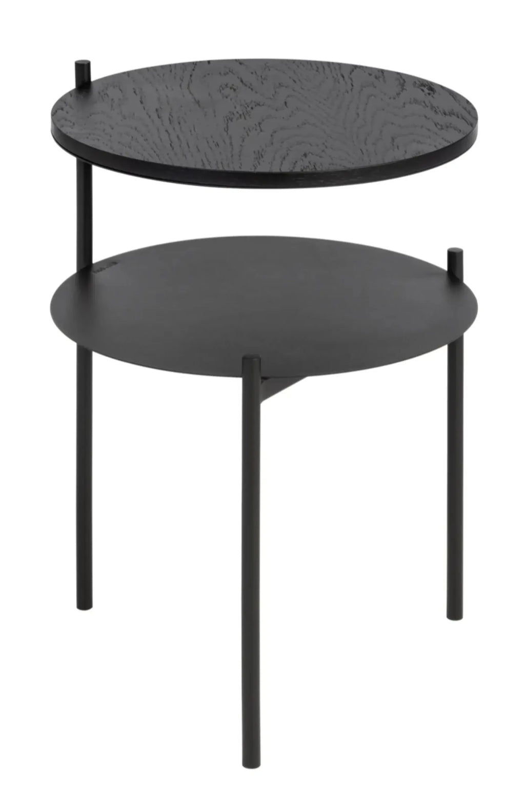 noo.ma Tu Bedside Table, a sleek modern minimalist two-tier side table featuring a round black oak top shelf with visible wood grain and a smooth matte black metal lower shelf and frame. This industrial chic accent table is perfect as a Scandinavian bedside table or small living room furniture for contemporary spaces.