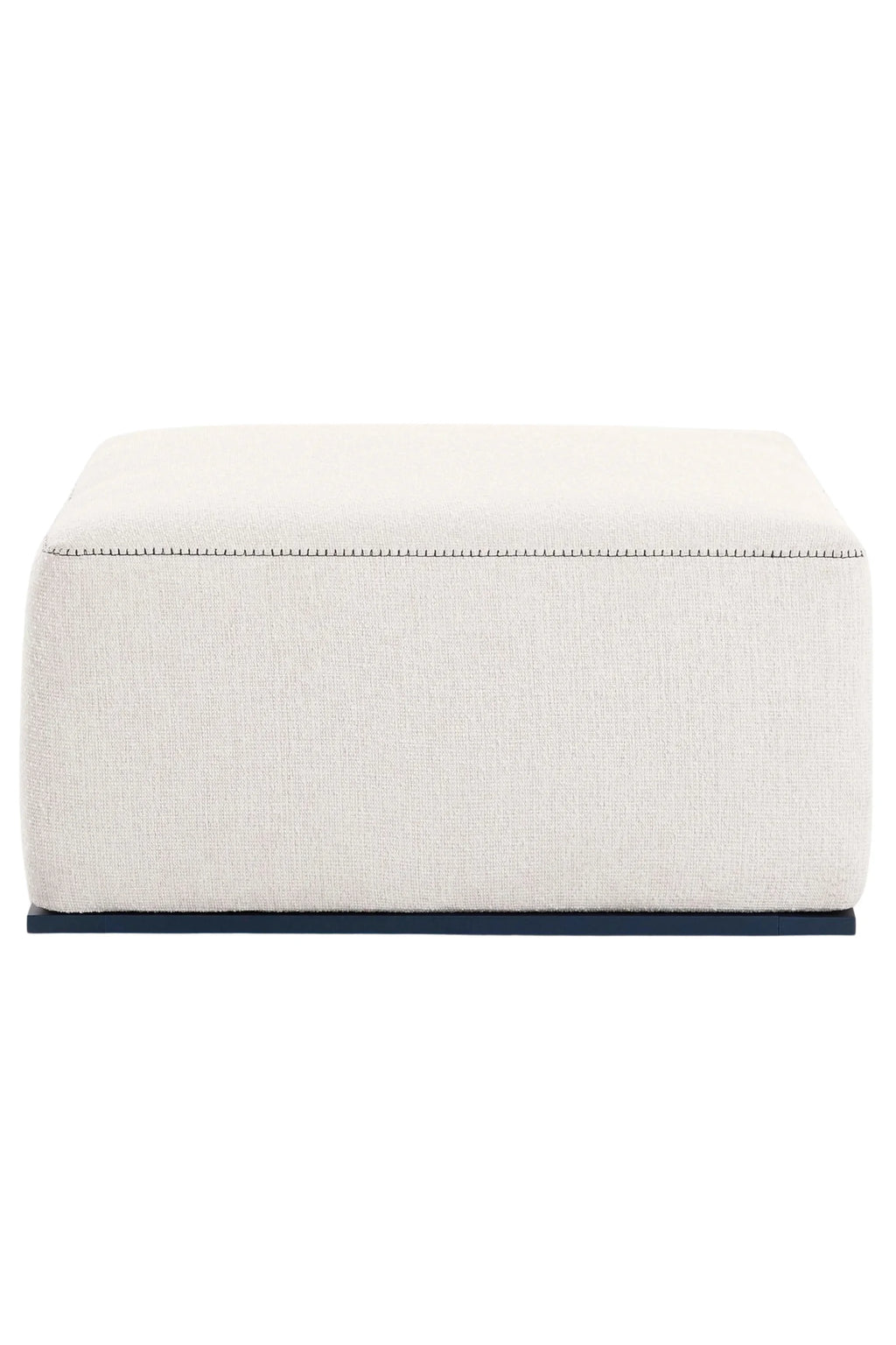 Gandia Blasco Islablanca Outdoor Pouf, a modern minimalist rectangular outdoor ottoman upholstered in a textured, light cream weather-resistant fabric with distinctive dark stitching detail along the top edge, set.
