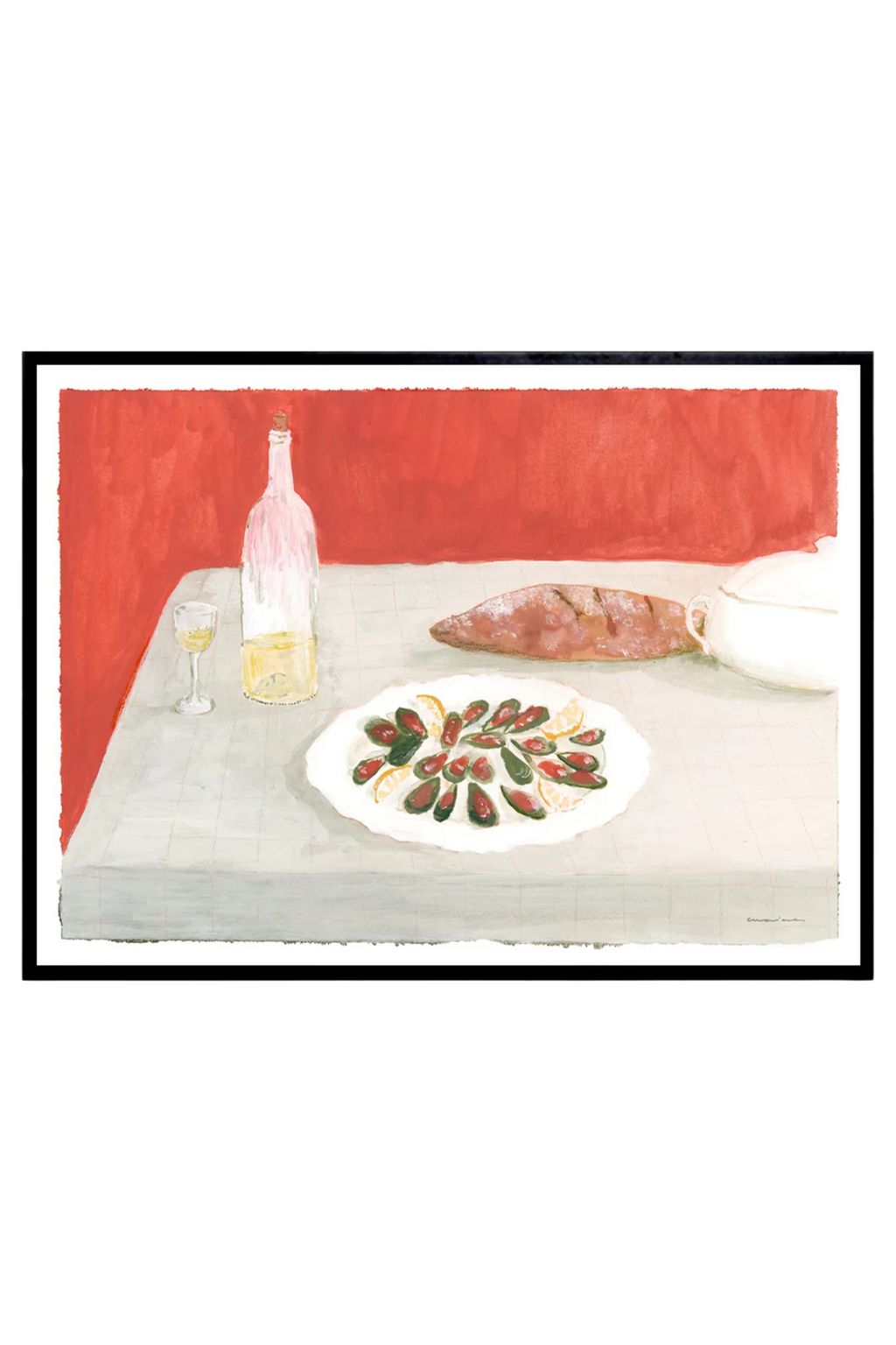 The Poster Club Bodegón con Mejillones, a vibrant modern still life art print depicting a meal with a plate of green and red mussels garnished with lemon slices, a bottle of white wine.