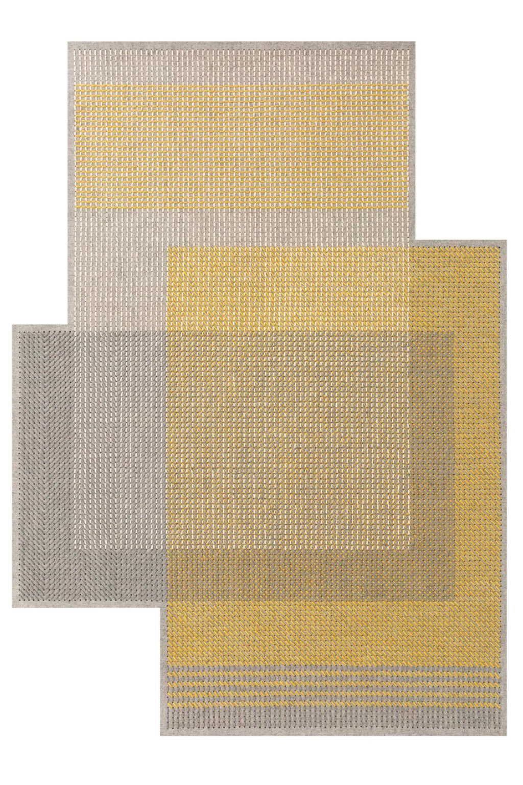 GAN Rugs Canevas Geo Rug, a modern geometric area rug crafted with hand-stitched wool yarn in vibrant yellow, soft grey, and cream on a durable grey wool felt base.