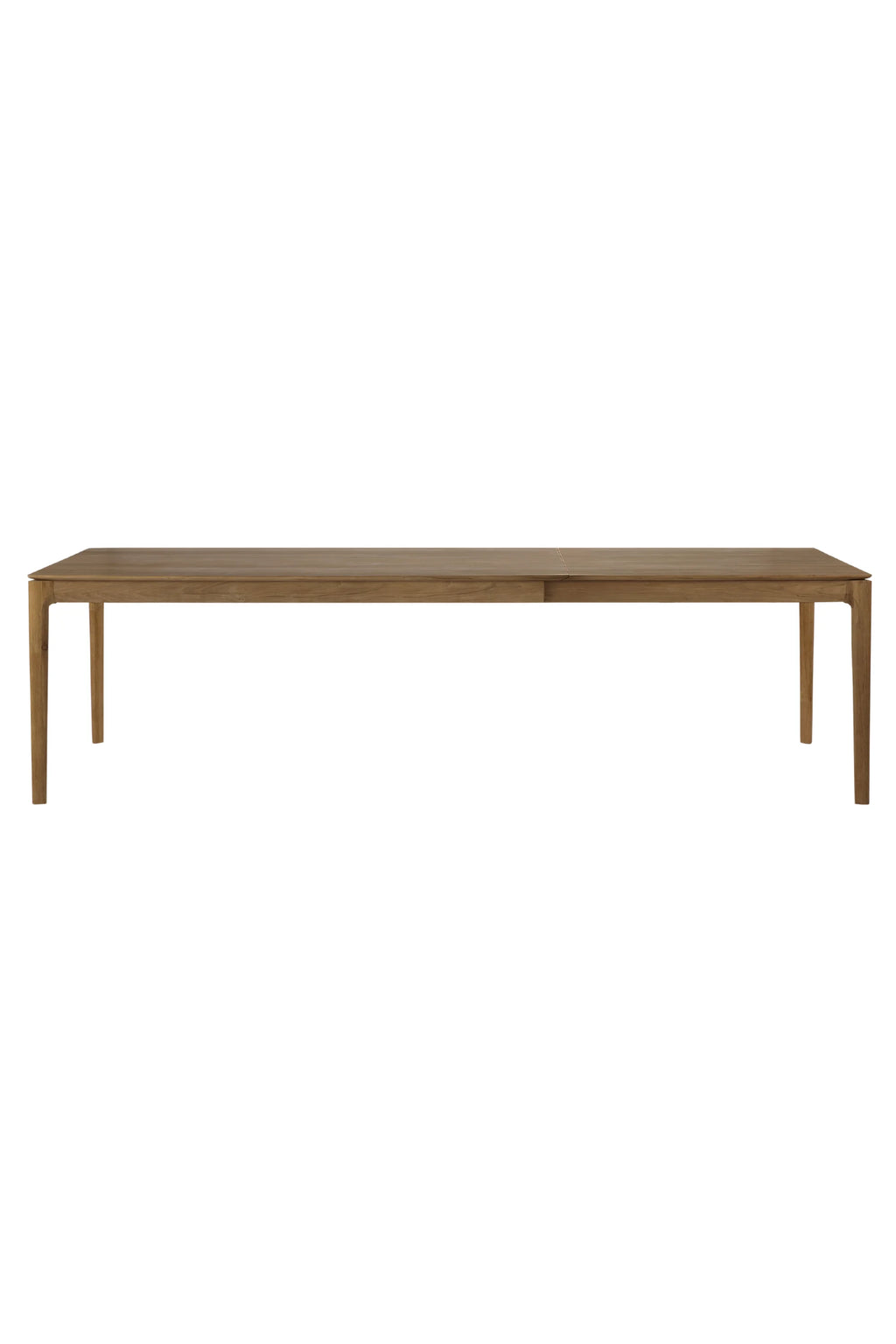 Ethnicraft Bok Extendable Dining Table, a modern minimalist solid oak dining table with a rectangular natural wood tabletop and elegantly tapered legs.