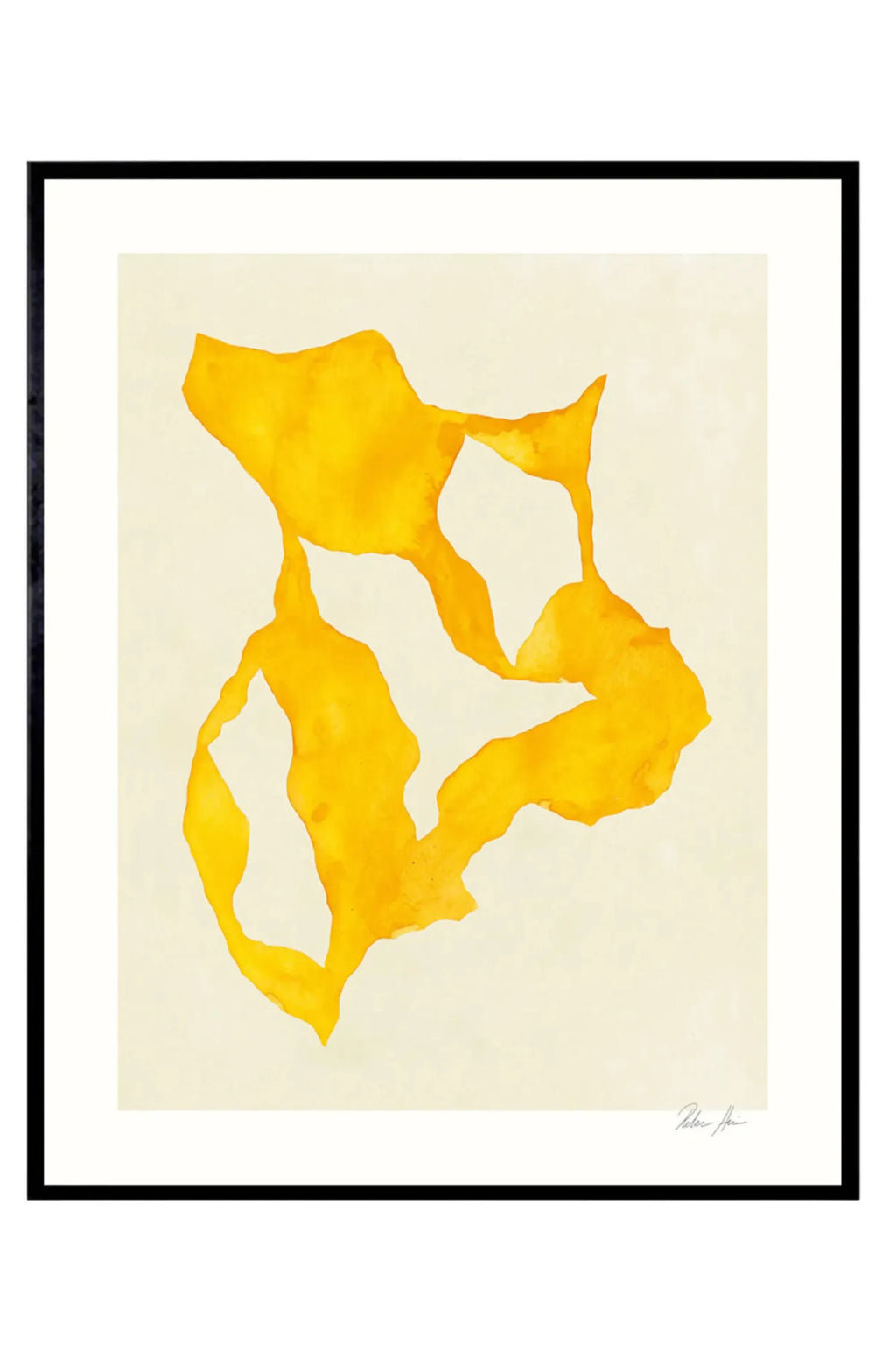 The Poster Club Shadow no. 14, a vibrant contemporary abstract art print showcasing a bright yellow and orange organic free-form shape with subtle watercolor texture against a warm cream background, expertly framed with a crisp white mat and a sleek matte black wood frame. Ideal for modern minimalist living rooms, gallery walls, or adding a pop of color to Scandinavian or organic modern bedroom interiors.