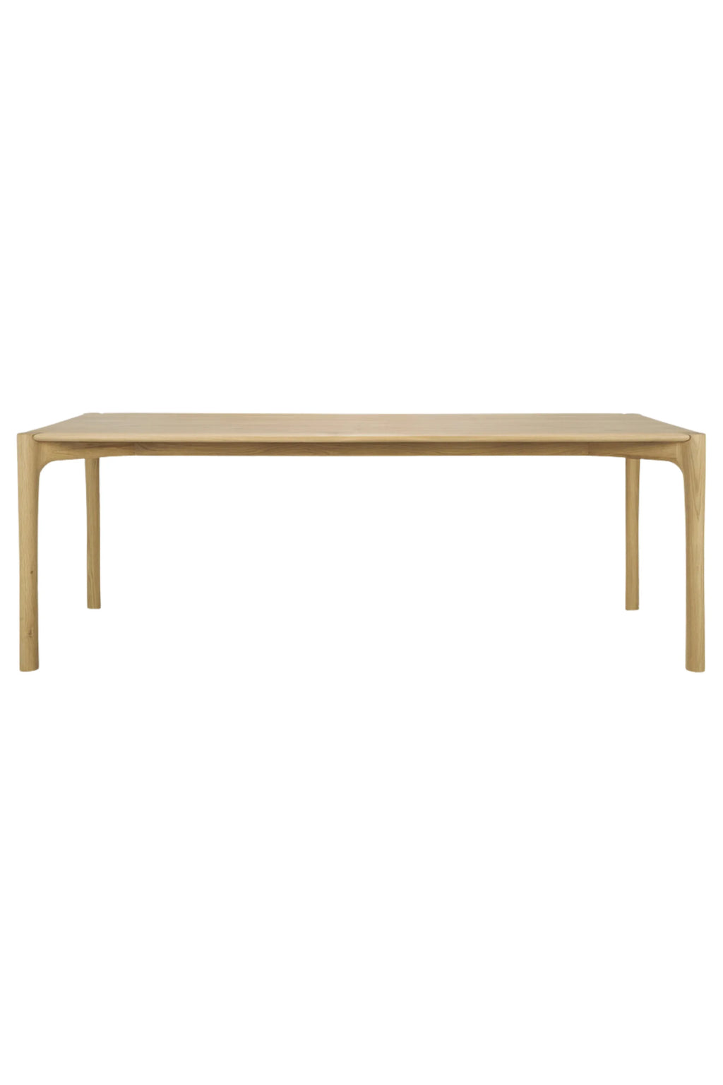Ethnicraft PI Dining Table, a modern minimalist dining table crafted from light solid oak wood with a smooth finish and visible grain. It features a rectangular tabletop with subtly rounded corners and thick, sculptural legs that seamlessly curve into the tabletop, creating an organic modern silhouette. Perfect for contemporary dining rooms or Scandinavian-inspired kitchen spaces.