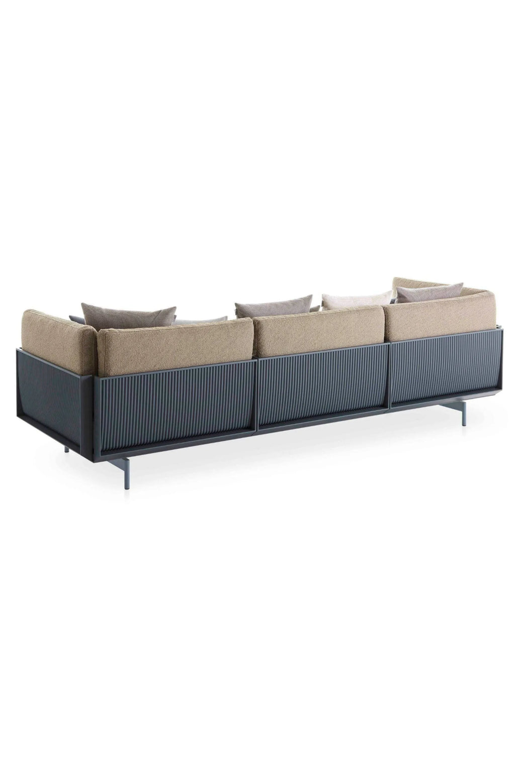 Gandia Blasco Onde 3-seater Sofa, a contemporary outdoor sofa featuring a sleek dark grey powder-coated aluminum frame with distinctive vertical ribbed panels and minimalist legs. It offers plush, inviting beige outdoor fabric cushions and coordinating scatter pillows for ultimate comfort. This modern outdoor lounge sofa is perfect for sophisticated patio, terrace, or garden living spaces.
