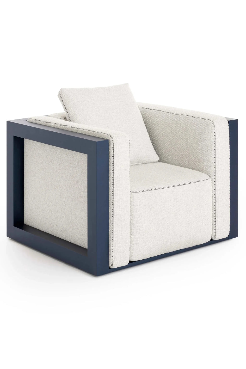 Gandia Blasco Islablanca Outdoor Lounge Chair, a striking modern outdoor armchair featuring a robust dark blue powder-coated aluminum frame with a minimalist, architectural profile. It boasts plush, weather-resistant cream-colored outdoor fabric upholstery with contrasting dark stitching, providing deep comfort and a sophisticated textural detail. This contemporary lounge chair is ideal for luxury outdoor living spaces, patios, decks, or poolside areas seeking elegant and durable seating.
