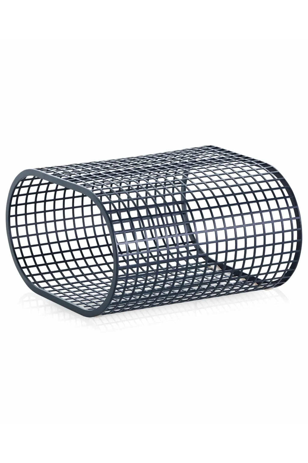 Gandia Blasco Buit Coffee Table, a modern outdoor coffee table crafted from matte dark grey aluminum, featuring a distinctive open grid pattern that forms a curved, rectangular prism silhouette. Its sleek industrial chic design and durable construction make it an ideal contemporary garden table for minimalist patio furniture arrangements or as a stylish accent in outdoor living spaces.
