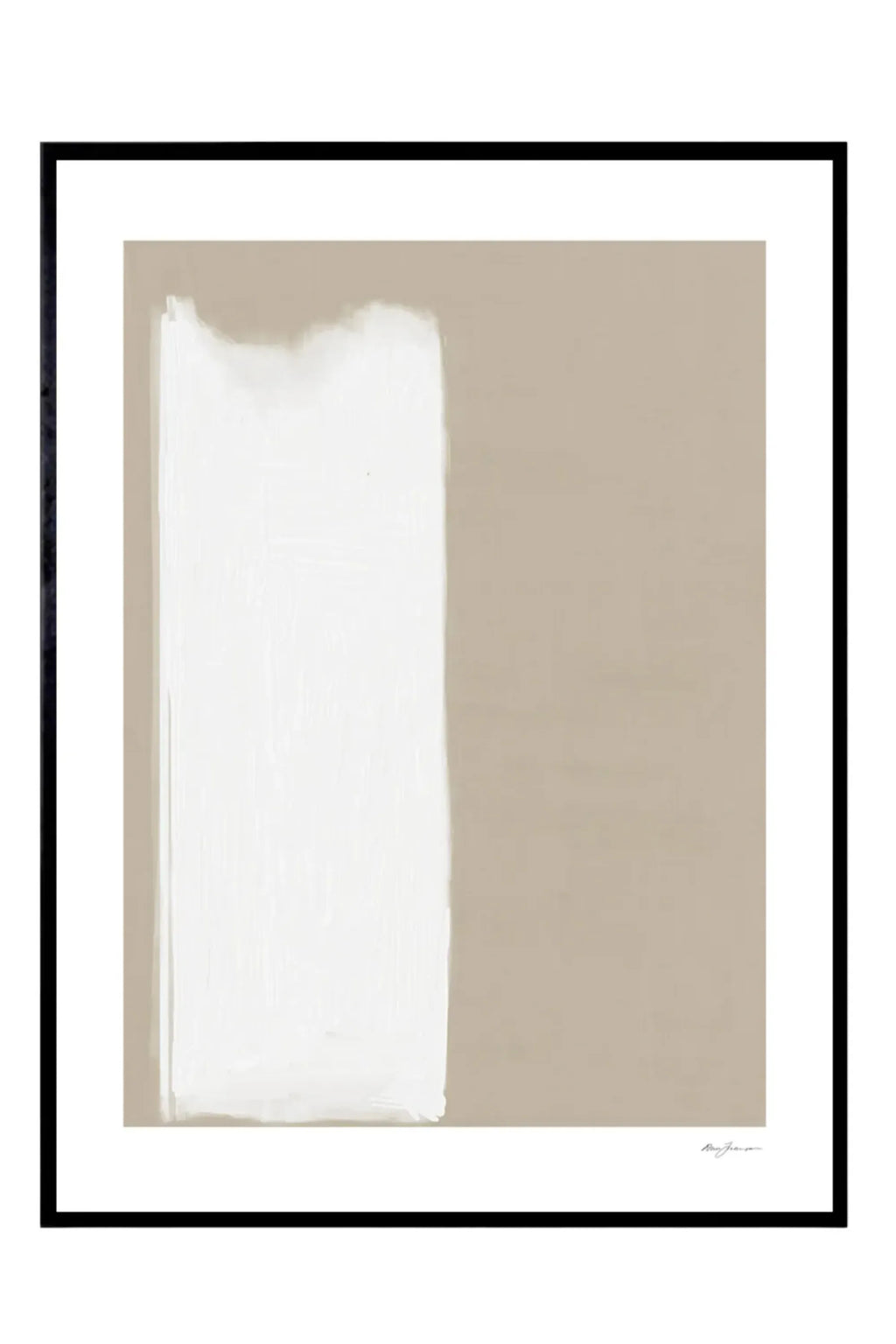 The Poster Club Fundamental, an abstract art print featuring a neutral beige background with a bold off-white vertical brushstroke, showcasing visible painterly texture and a clean, minimalist aesthetic. This framed art print, presented in a sleek black frame with a crisp white mat, is perfect for contemporary wall decor in modern living rooms, bedrooms, or gallery walls.