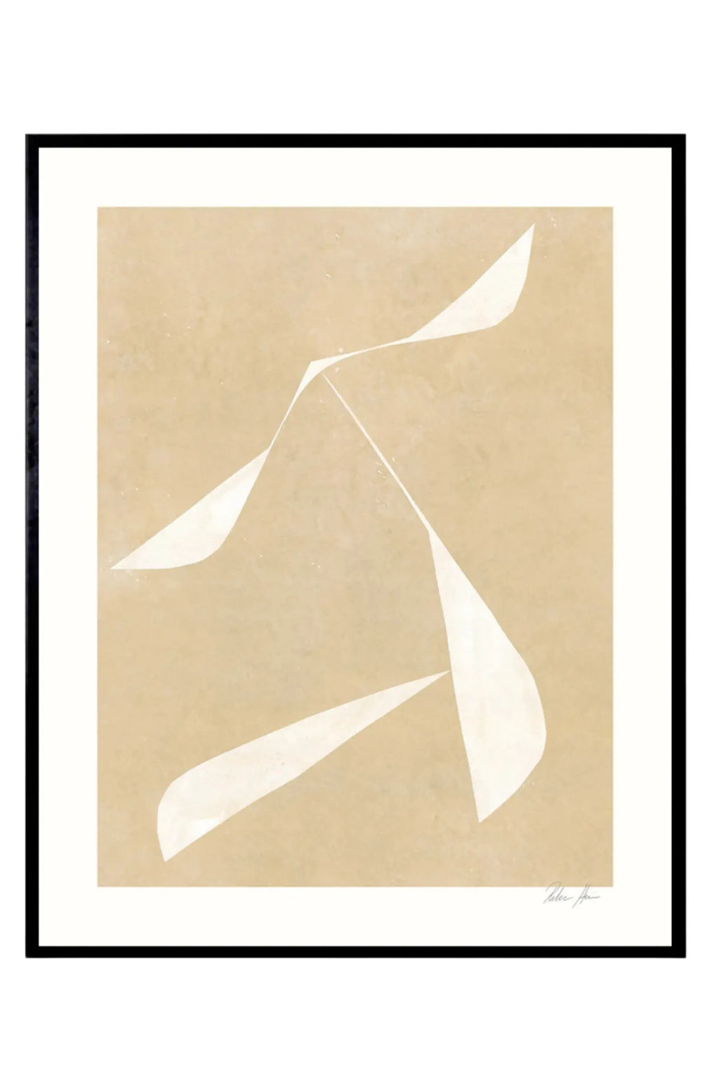 The Poster Club Move no. 03, a minimalist abstract art print featuring graceful, flowing off-white shapes against a subtly textured warm beige background, framed in a sleek black frame with a crisp white mat. Perfect for modern minimalist interiors, Scandinavian living rooms, or contemporary gallery walls.