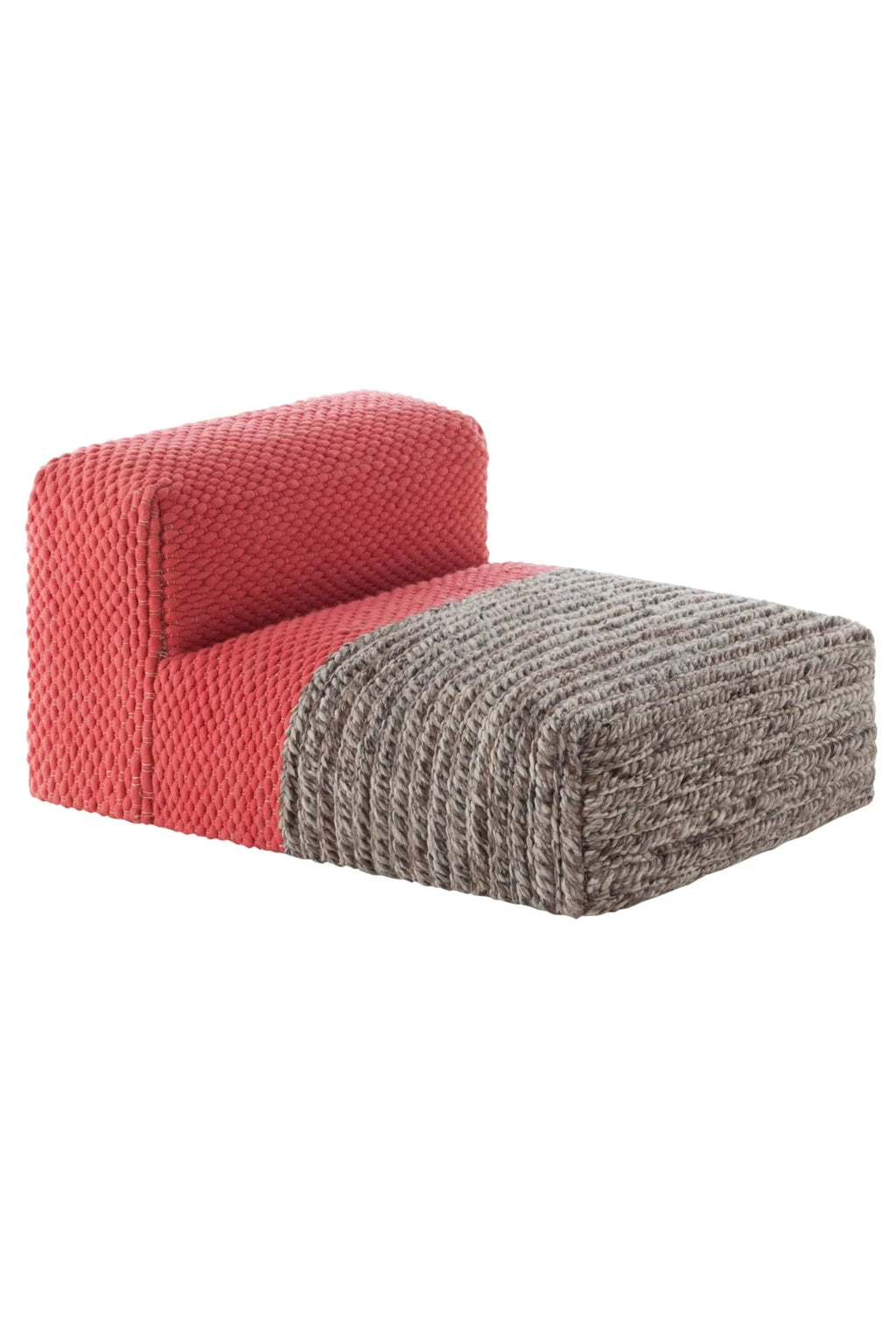 GAN Rugs Mangas Space Plait Lounge, a distinctive organic modern modular lounge chair featuring a plush hand-knitted wool construction with a two-tone design. It combines a vibrant coral red, tightly woven textured knit on the backrest and partial seat, with a chunky heather grey braided wool section extending to form a cozy daybed.