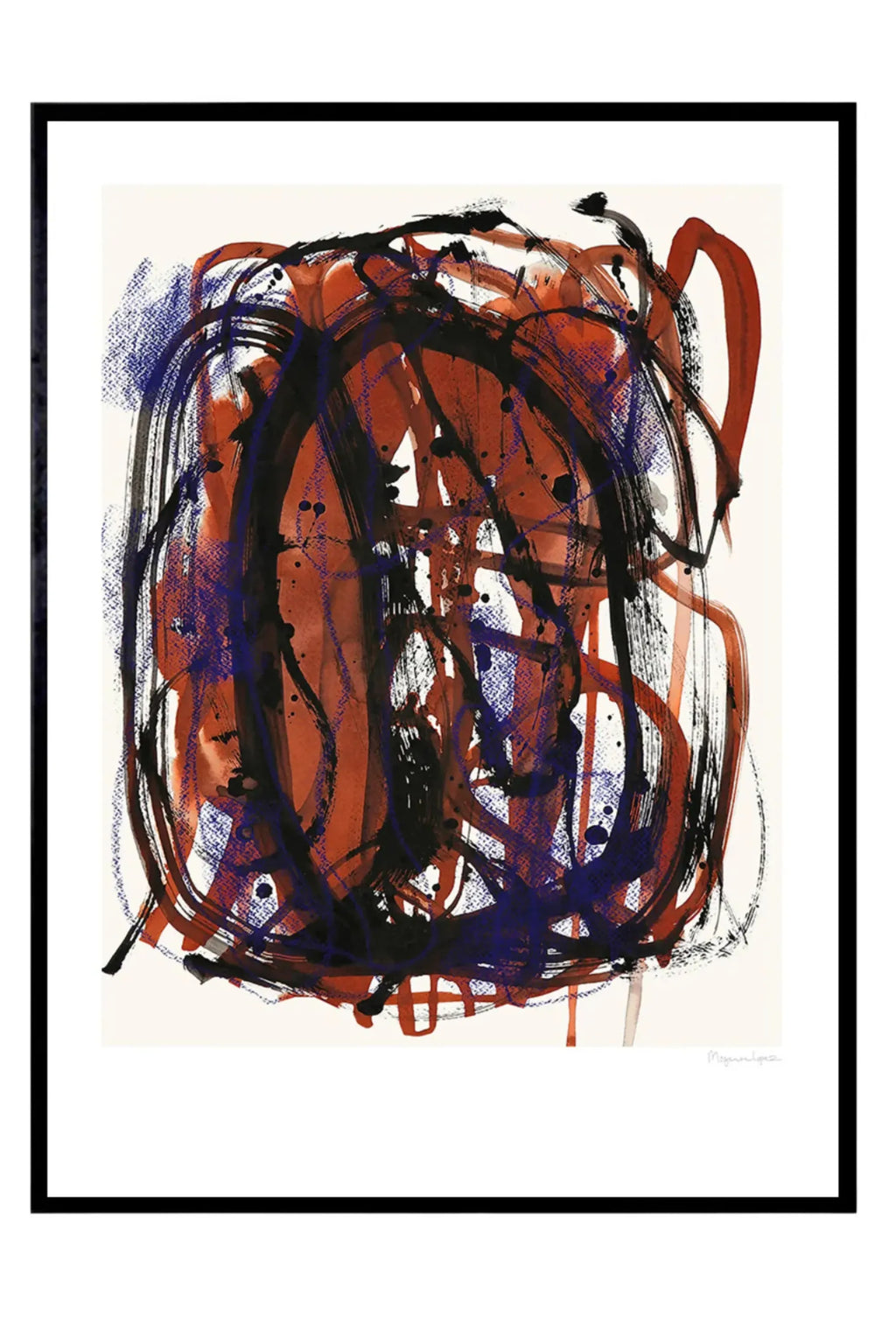 The Poster Club Mixed Media, a dynamic abstract art print featuring layered brushstrokes and expressive marks in rich terracotta, deep indigo blue, and matte black tones with textural crayon-like elements and paint splatters, set against a neutral white background and framed in a sleek black frame. Perfect for contemporary living rooms, modern office spaces, or adding a bold statement to a gallery wall.