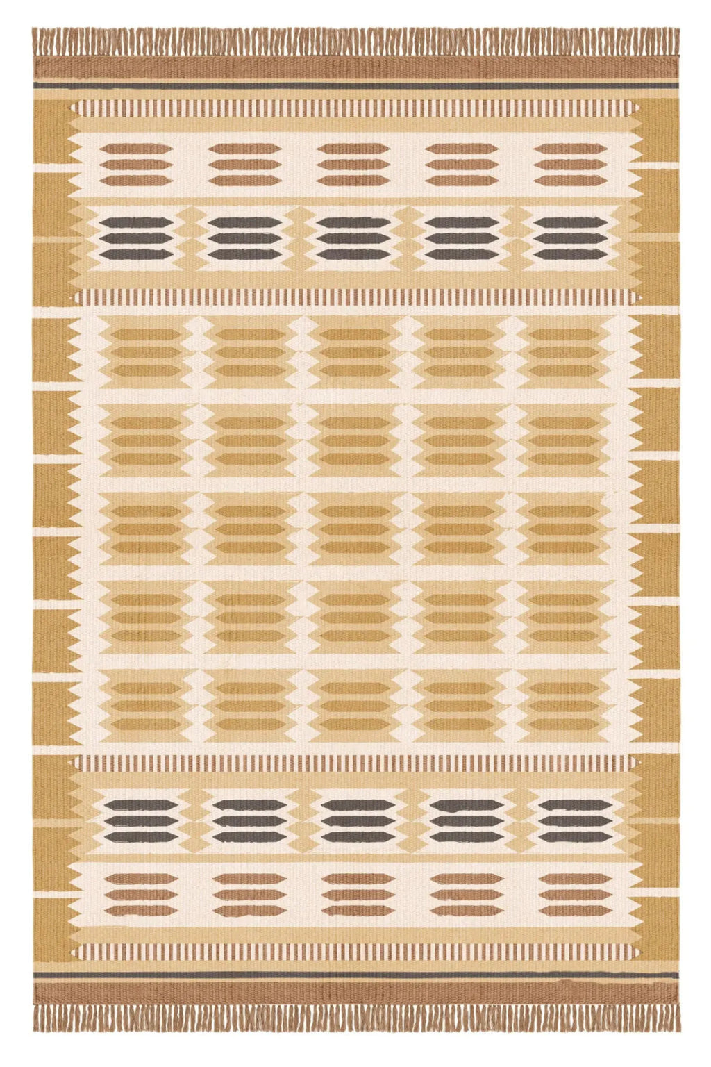 Layered Hilma Wool Rug, a handwoven natural fiber area rug featuring warm beige, brown, and charcoal geometric patterns with fringe detailing. Perfect for adding a cozy, Scandinavian-inspired touch...