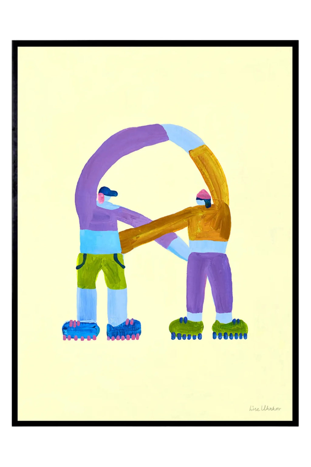 The Poster Club Crossroads, a vibrant contemporary abstract art print by Lise Uhnkov featuring two playful, stylized figures in purple, gold, olive green, and blue, dynamically forming the letter 'A' against a pale yellow background with visible brushstroke texture. This colorful graphic wall art, framed in sleek matte black, is ideal for adding a whimsical touch to a modern nursery, kids' room, or creative living space.