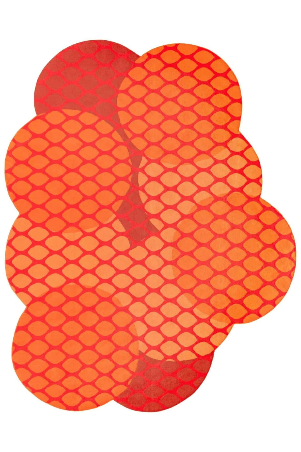 GAN Rugs Citrus Outdoor Rug, a vibrant orange and red abstract outdoor rug featuring an irregular, organic shape composed of overlapping circles. This contemporary area rug showcases a textured, scale-like or honeycomb pattern in darker red-orange tones over a bright orange base, creating a dynamic visual effect. It's ideal for adding a modern, colorful accent to patios, decks, or contemporary garden spaces.