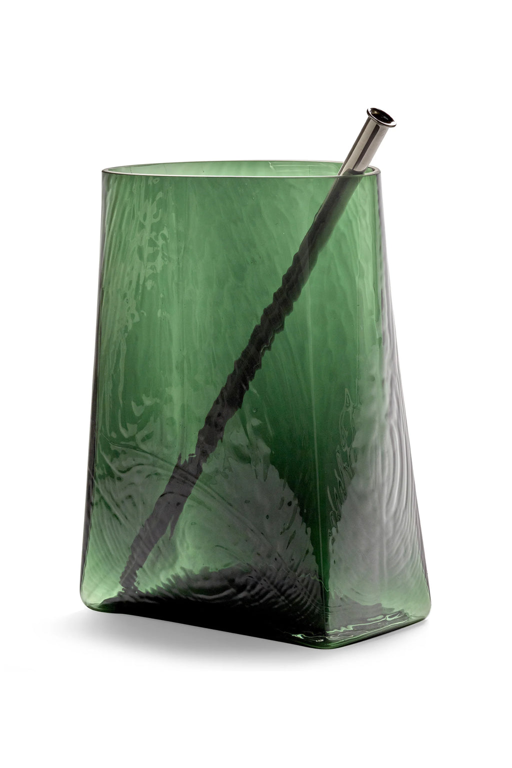 Serax Josephine Vase with Glass Tube 03, a stylish translucent emerald green glass vase with a unique rippled texture and a removable silver-toned metal tube. This modern decorative vase is ideal for displaying single stems or small floral arrangements in contemporary home decor settings.