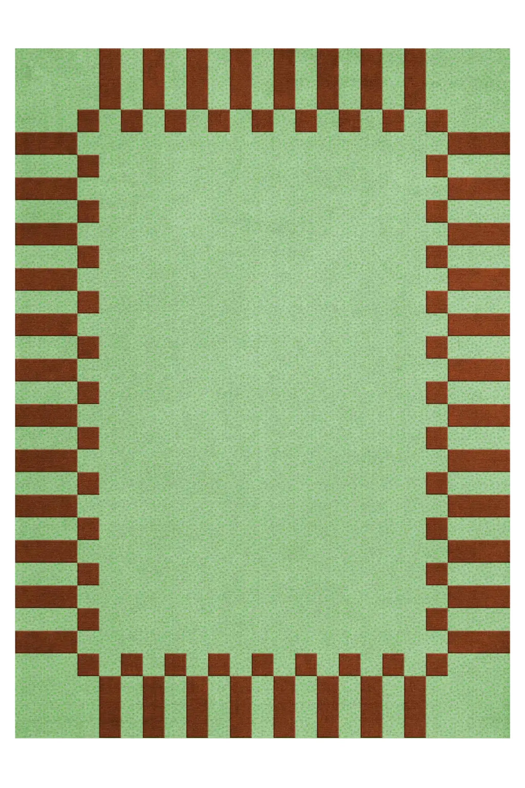 Layered Frame Wool Rug, a modern pale green area rug with a bold brown block and stripe border design. Perfect for adding a contemporary touch to your living room or bedroom decor.