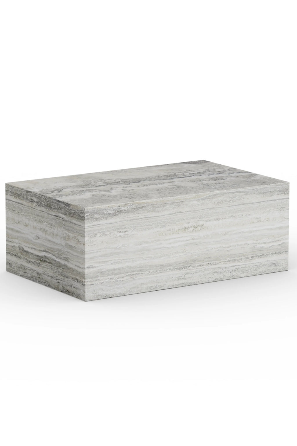 NORR11 Cubism Coffee Table, a modern rectangular block coffee table crafted from natural silver travertine with distinctive horizontal vein-cut patterns and a smooth honed finish. This minimalist, solid stone coffee table showcases organic grey and white tones, offering a sophisticated anchor for modern minimalist, brutalist, or contemporary living room designs.