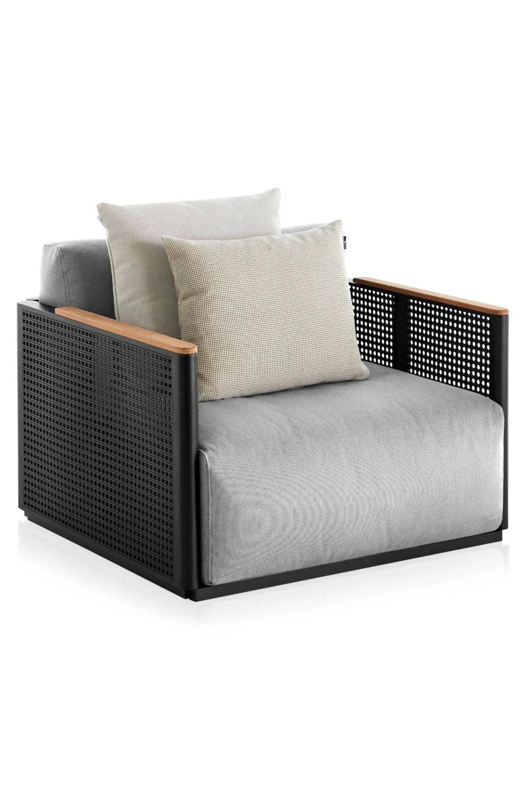 Gandia Blasco Bosc Armchair, a contemporary outdoor lounge chair with a robust matte black metal frame featuring a modern perforated design and elegant natural teak wood armrests.