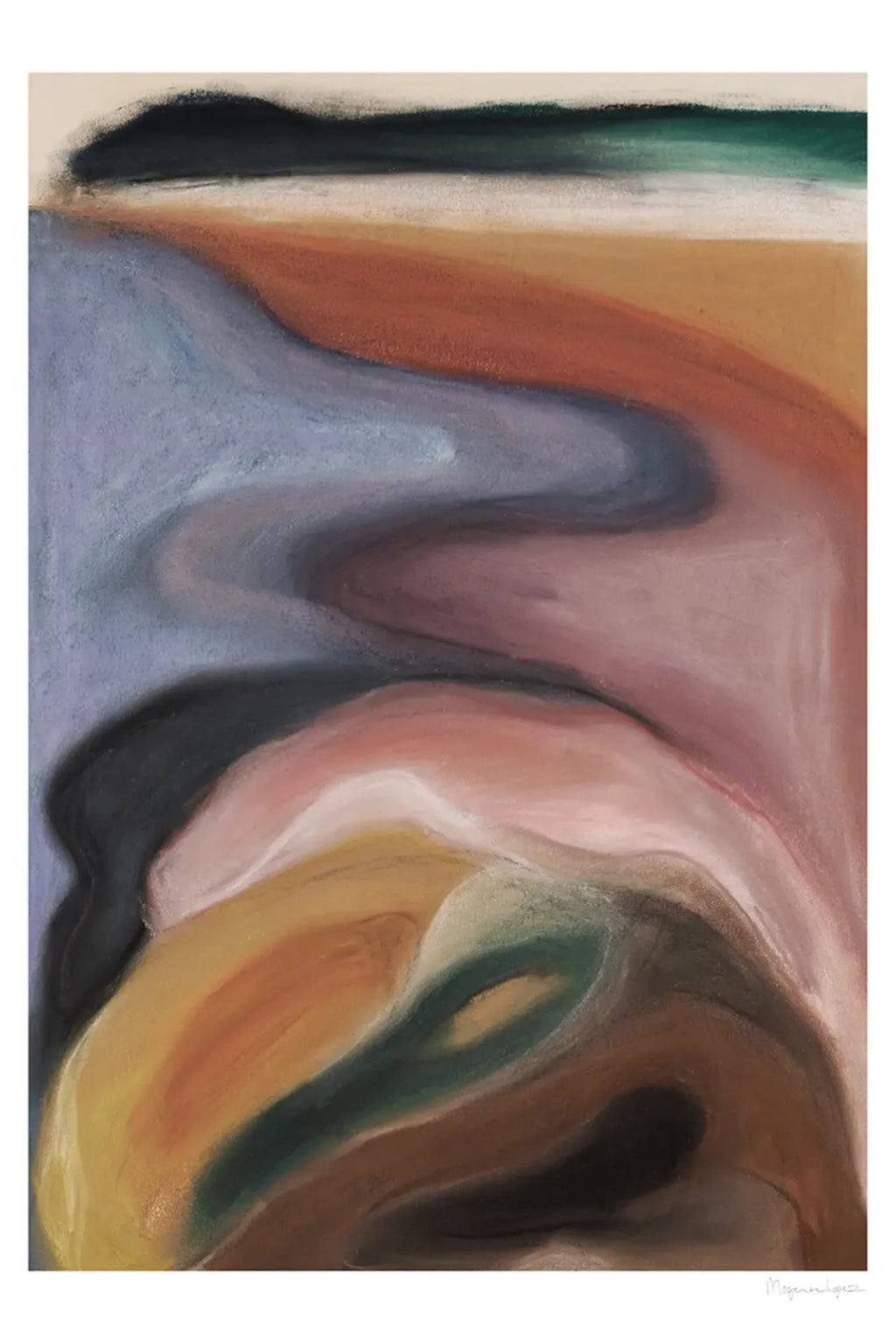 The Poster Club Landshape Tribute 03, an abstract art print featuring organic, flowing shapes in a muted, earthy color palette of deep teal, terracotta orange, soft slate blue, creamy white,.