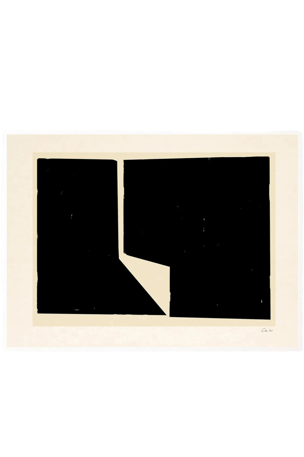The Poster Club Facesing, a minimalist abstract art poster featuring bold black geometric shapes with a textured, almost block-printed finish against a soft cream background. This contemporary graphic print adds a striking monochromatic accent to modern living rooms, gallery walls, or minimalist bedrooms.