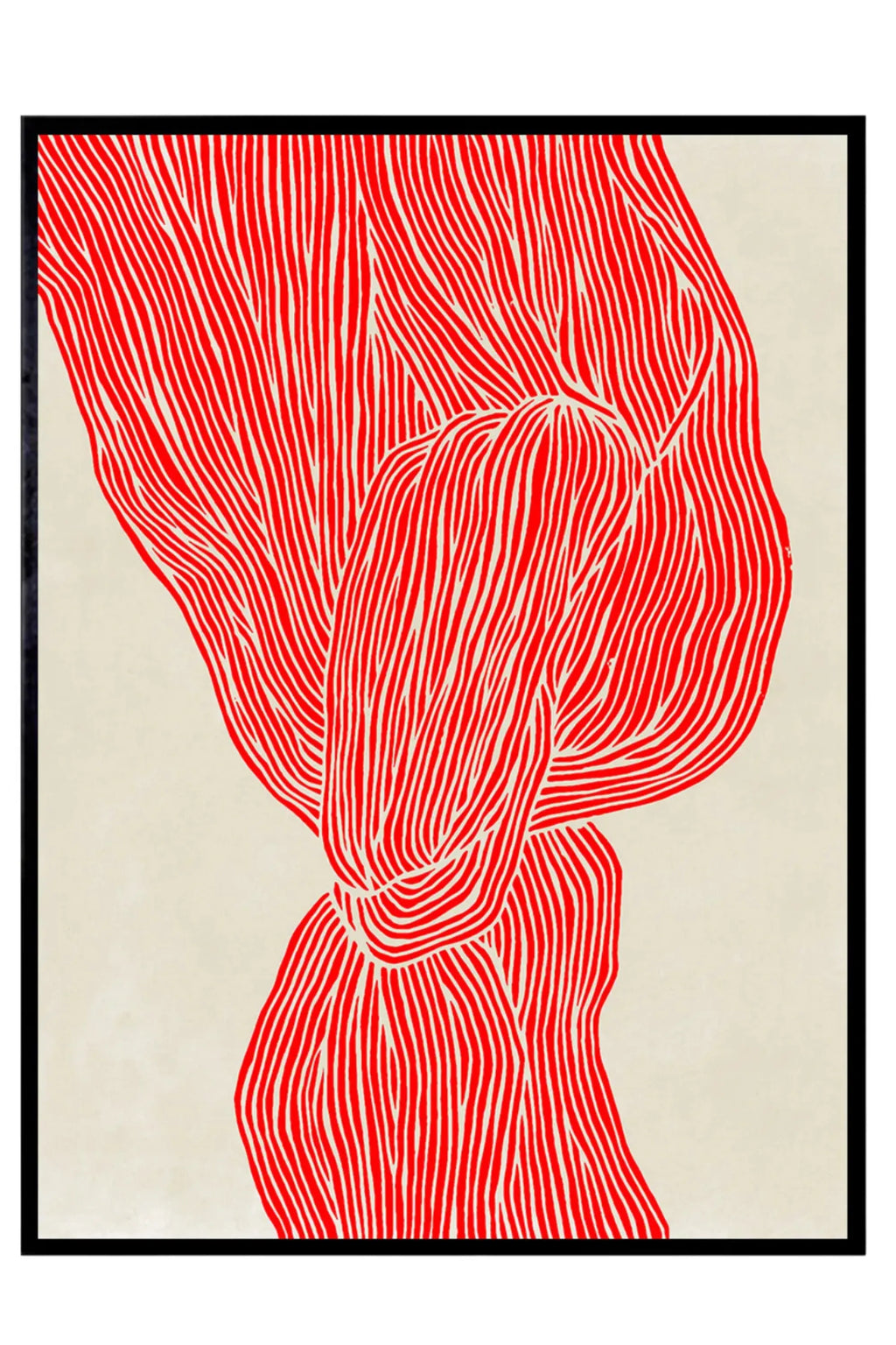 The Poster Club The Line – Red, a vibrant modern abstract art print featuring bold, organic red lines with a hand-drawn texture against a warm cream background, enclosed in a sleek black frame. This contemporary graphic poster is perfect for adding a pop of color to a minimalist living room, bedroom, or a modern gallery wall.