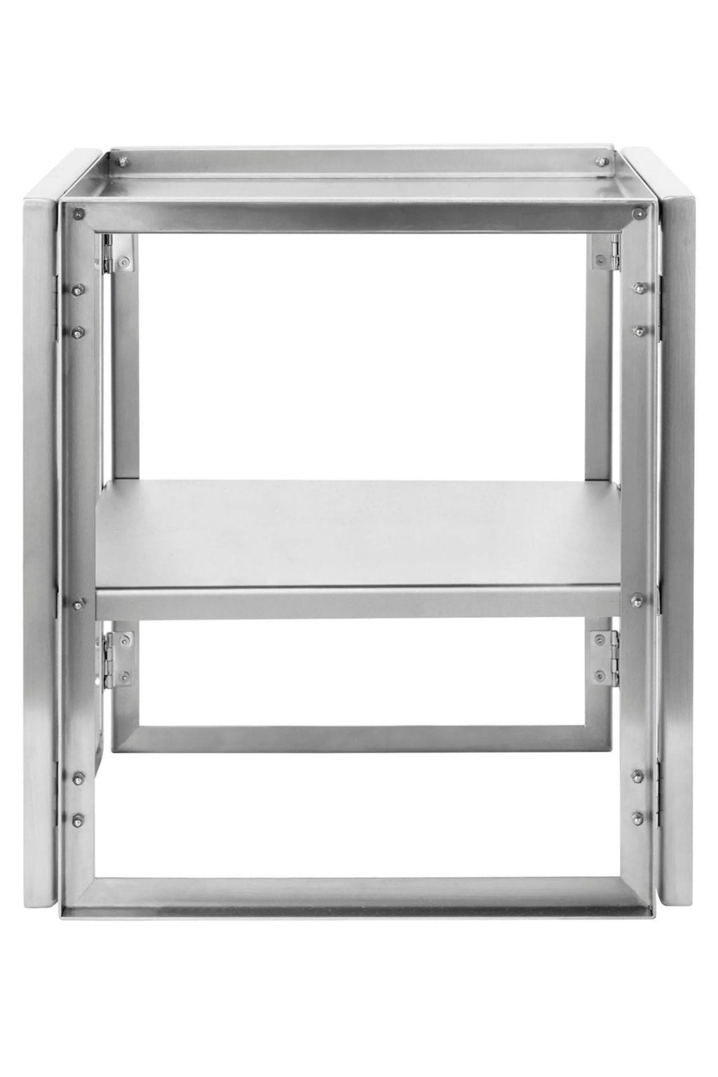 Kristina Dam Foldable Side Table, a sleek modern minimalist side table crafted from brushed stainless steel with a clean geometric silhouette and practical foldable design. This industrial chic and Scandinavian metal accent table is perfect for small apartment living rooms, contemporary bedrooms, or versatile outdoor use.